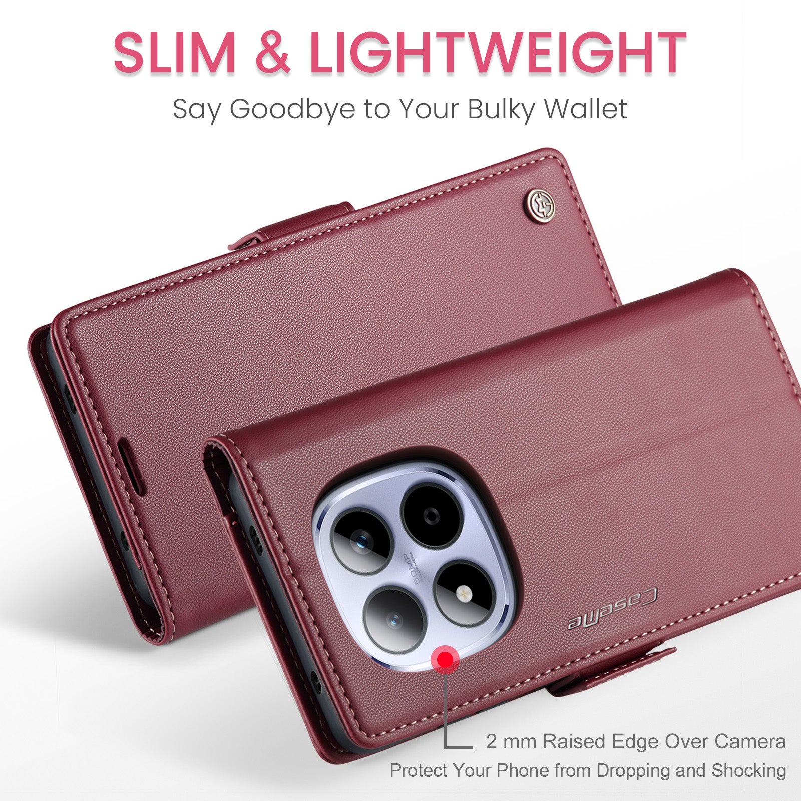 For Xiaomi Redmi Note 15 Pro 4G (Global) Case CASEME 023 Series RFID Blocking Wallet Stand Glossy Litchi Texture Leather Phone Cover - Red