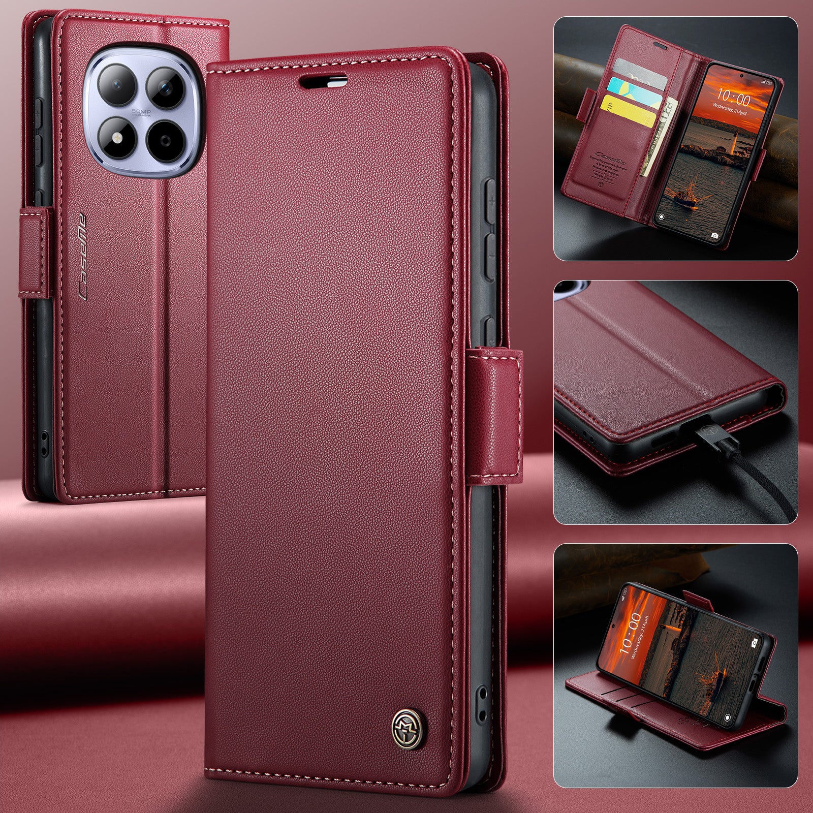 For Xiaomi Redmi Note 15 Pro 4G (Global) Case CASEME 023 Series RFID Blocking Wallet Stand Glossy Litchi Texture Leather Phone Cover - Red