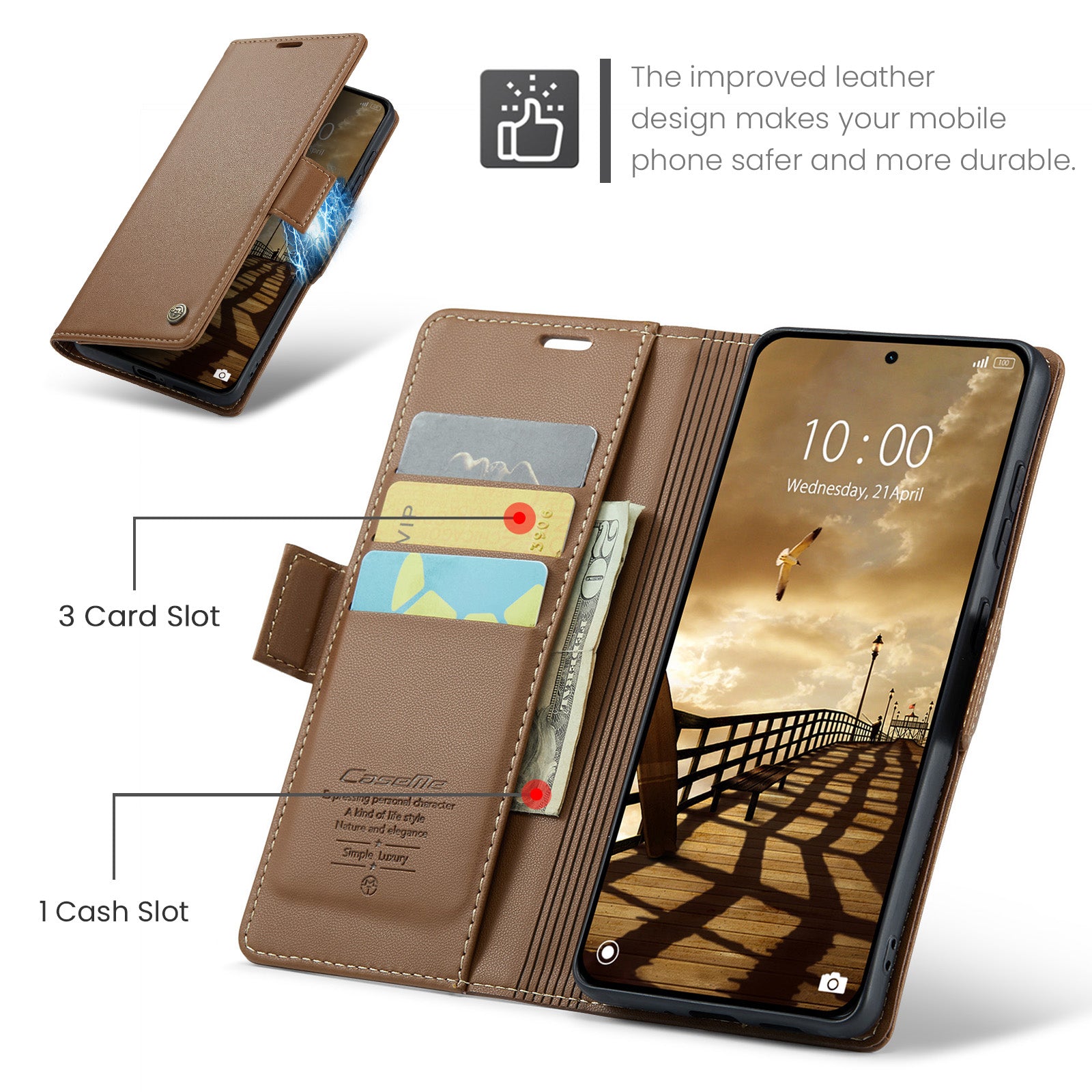 For Xiaomi Redmi Note 15 Pro 4G (Global) Case CASEME 023 Series RFID Blocking Wallet Stand Glossy Litchi Texture Leather Phone Cover - Brown