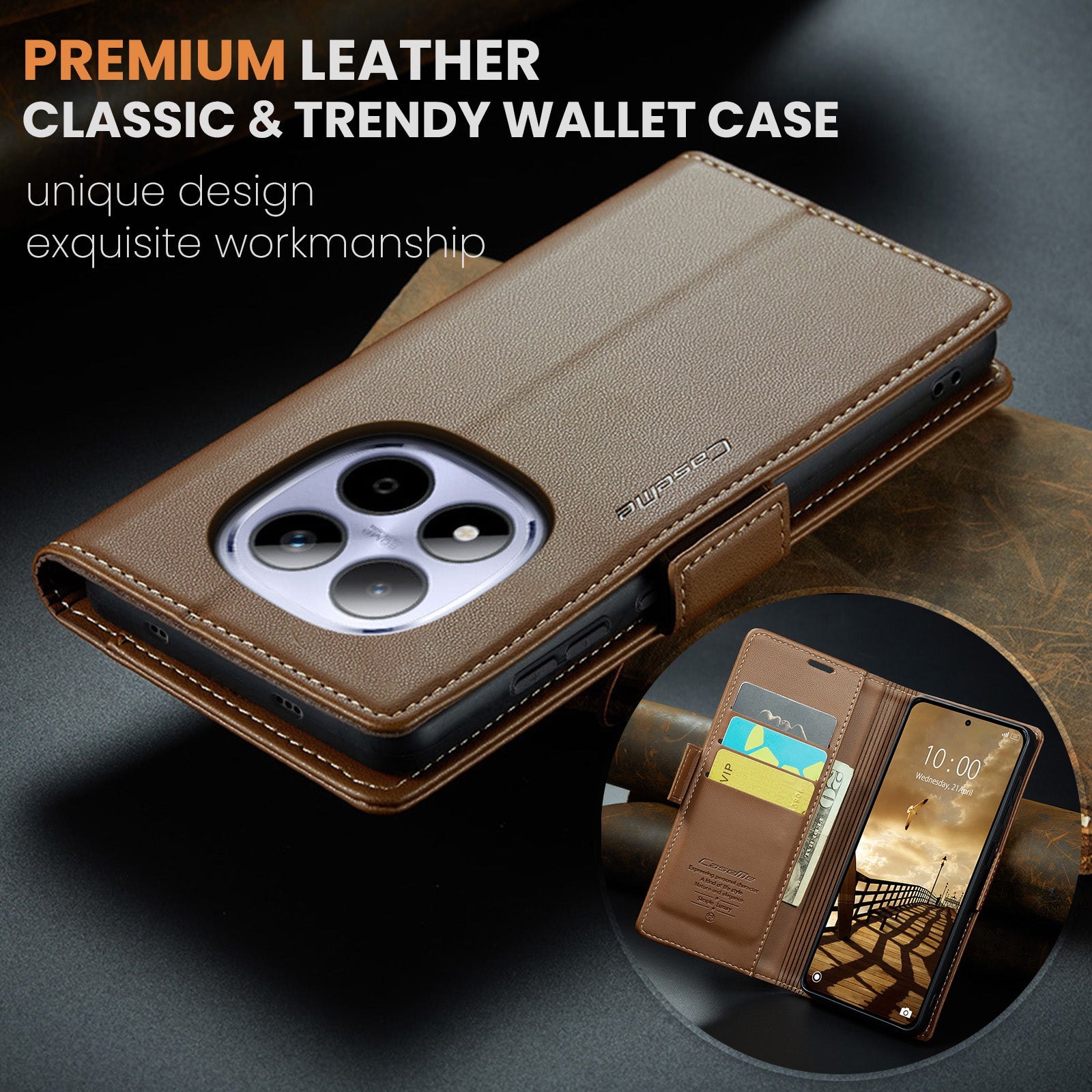 For Xiaomi Redmi Note 15 Pro 4G (Global) Case CASEME 023 Series RFID Blocking Wallet Stand Glossy Litchi Texture Leather Phone Cover - Brown