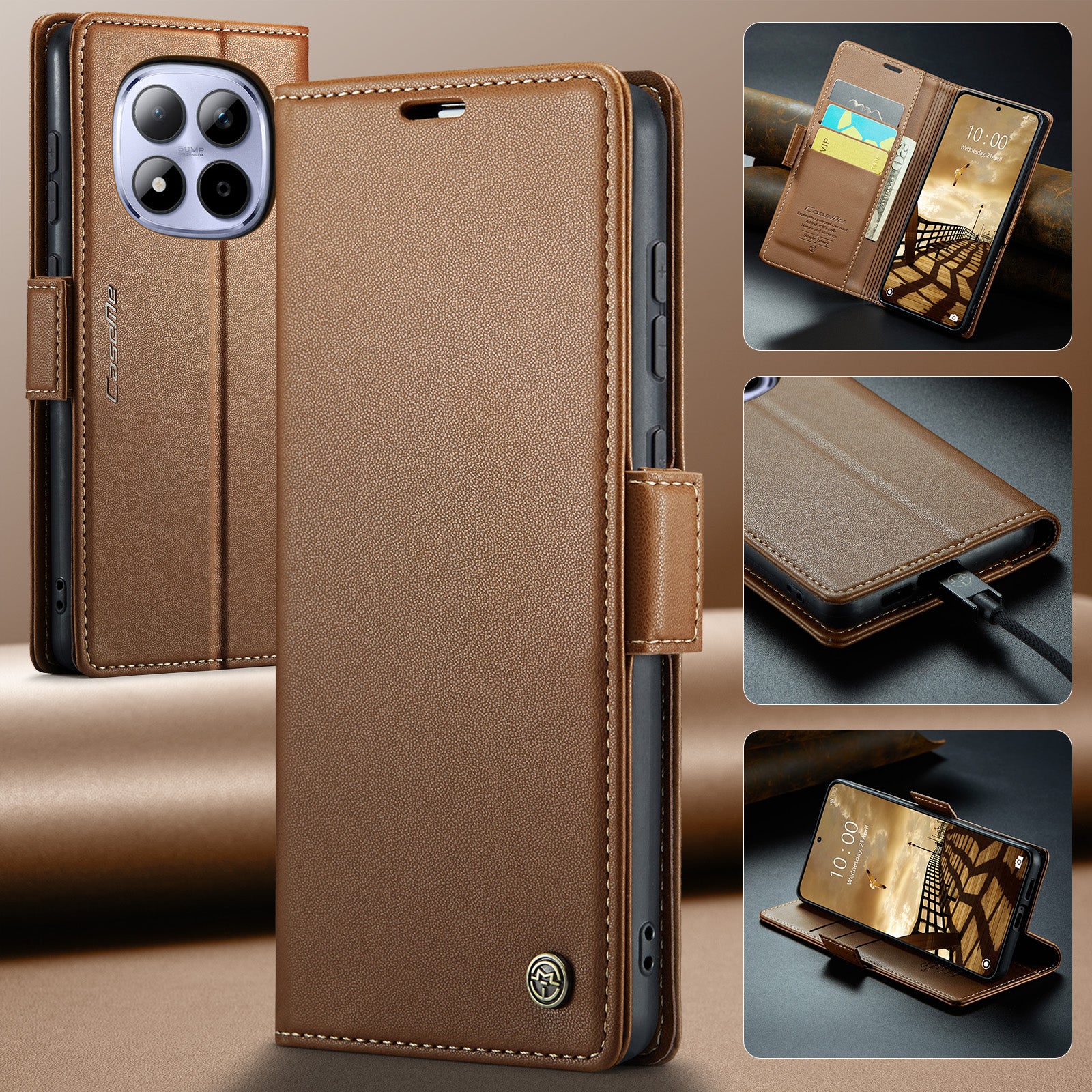 For Xiaomi Redmi Note 15 Pro 4G (Global) Case CASEME 023 Series RFID Blocking Wallet Stand Glossy Litchi Texture Leather Phone Cover - Brown