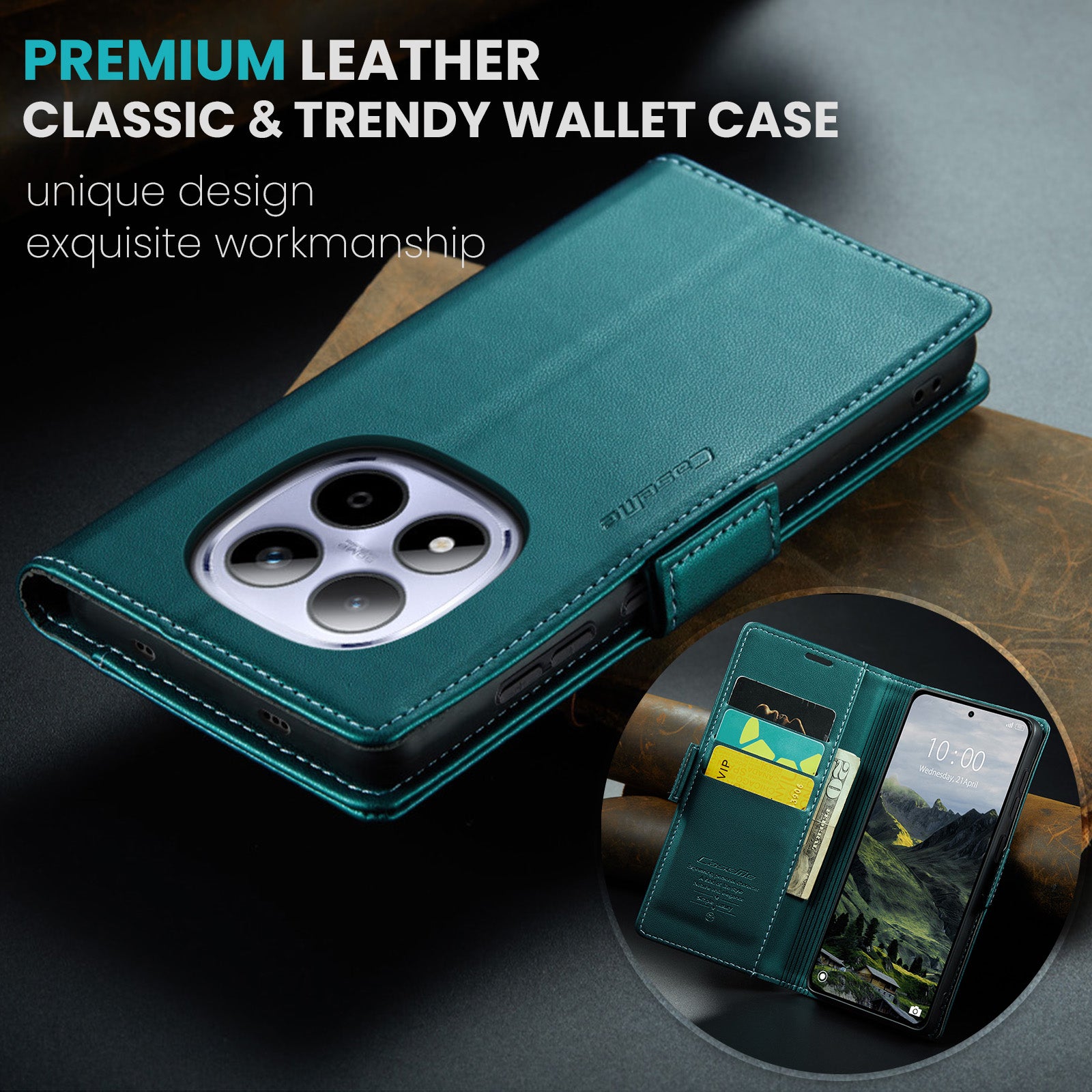 For Xiaomi Redmi Note 15 Pro 4G (Global) Case CASEME 023 Series RFID Blocking Wallet Stand Glossy Litchi Texture Leather Phone Cover - Green
