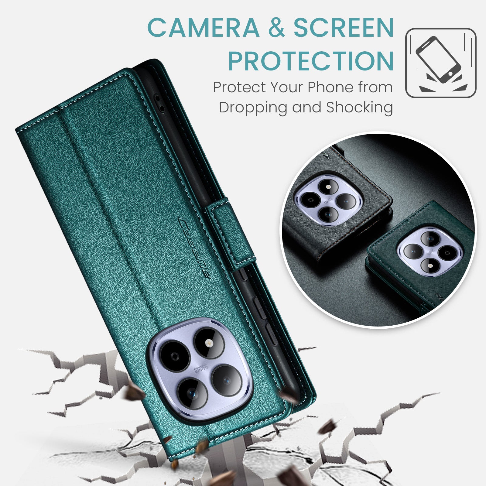 For Xiaomi Redmi Note 15 Pro 4G (Global) Case CASEME 023 Series RFID Blocking Wallet Stand Glossy Litchi Texture Leather Phone Cover - Green