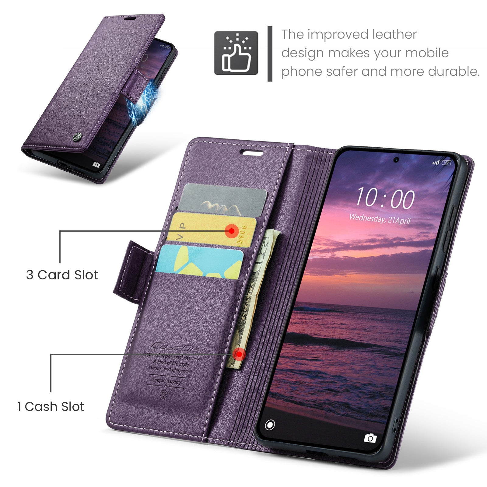 For Xiaomi Redmi Note 15 Pro 4G (Global) Case CASEME 023 Series RFID Blocking Wallet Stand Glossy Litchi Texture Leather Phone Cover - Purple