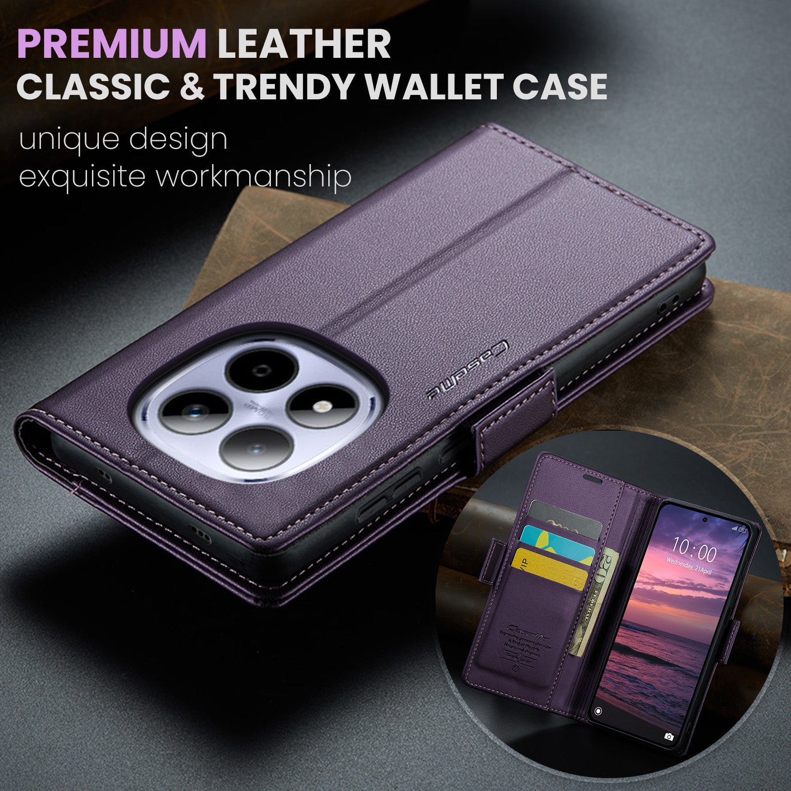 For Xiaomi Redmi Note 15 Pro 4G (Global) Case CASEME 023 Series RFID Blocking Wallet Stand Glossy Litchi Texture Leather Phone Cover - Purple