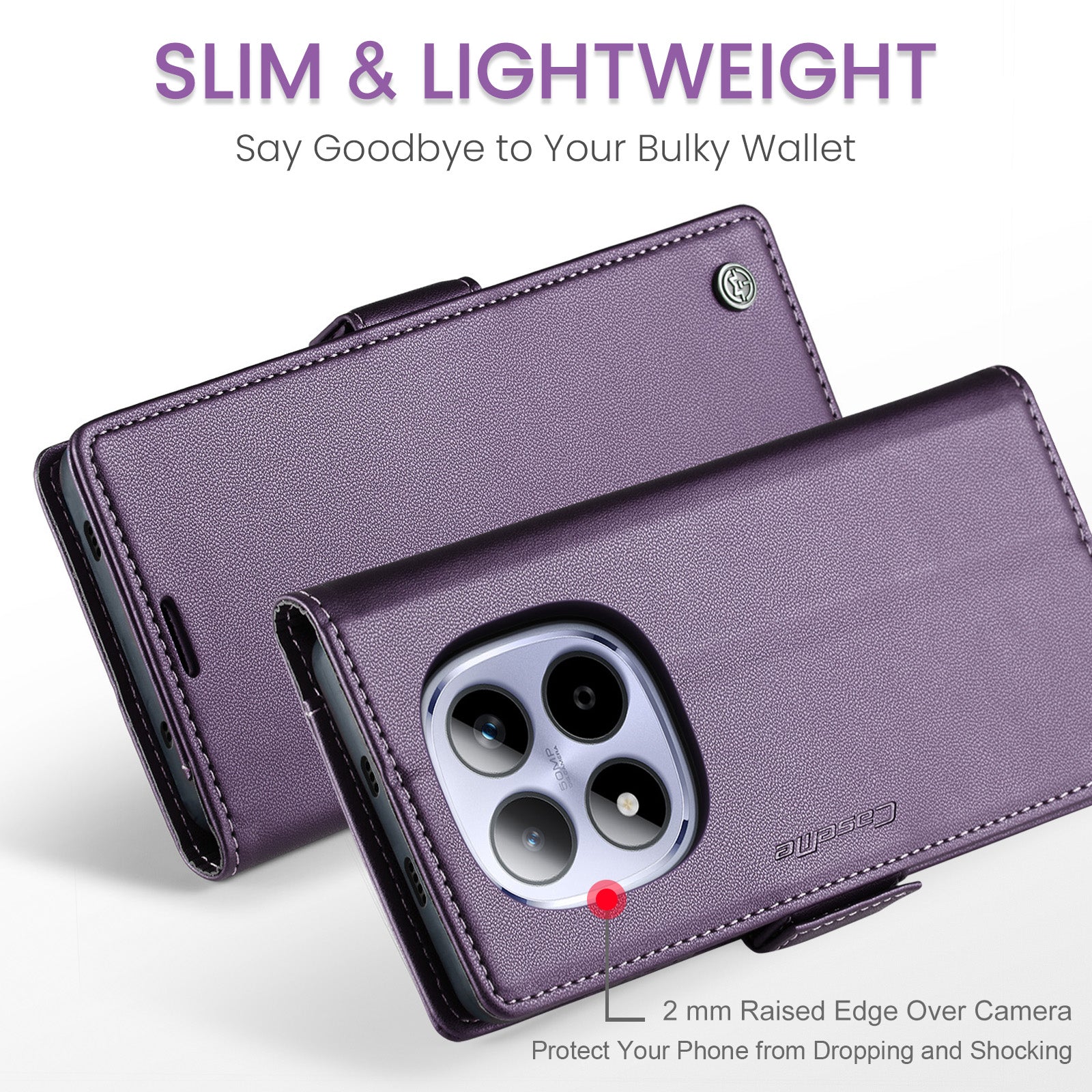For Xiaomi Redmi Note 15 Pro 4G (Global) Case CASEME 023 Series RFID Blocking Wallet Stand Glossy Litchi Texture Leather Phone Cover - Purple