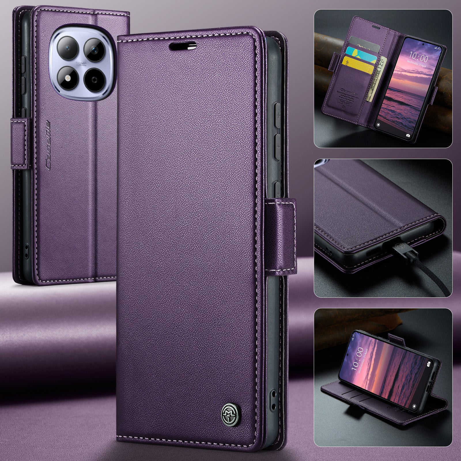 For Xiaomi Redmi Note 15 Pro 4G (Global) Case CASEME 023 Series RFID Blocking Wallet Stand Glossy Litchi Texture Leather Phone Cover - Purple