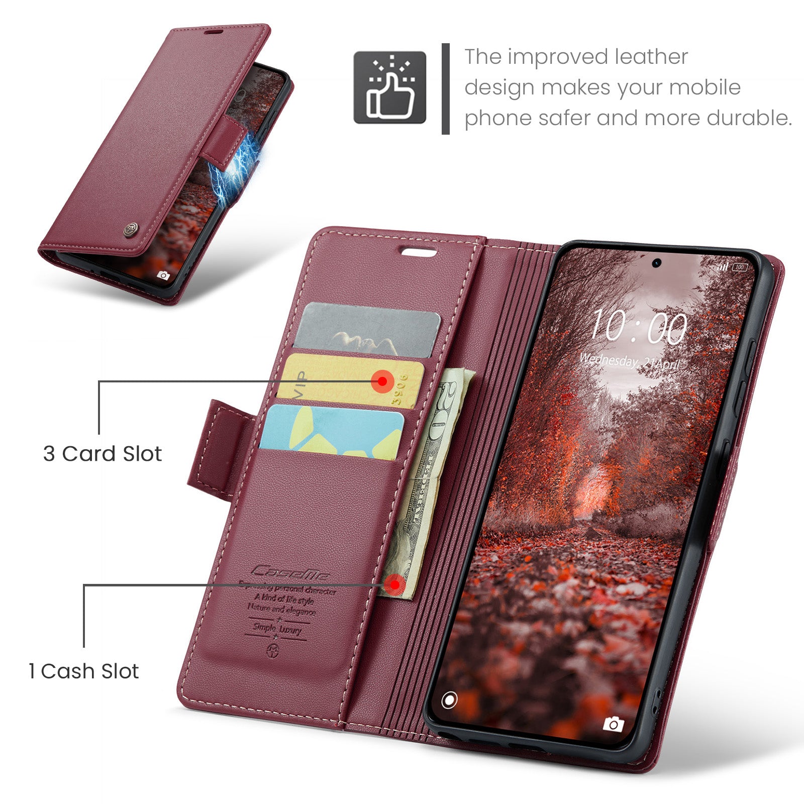 For Xiaomi Redmi Note 15 Pro 5G (Global) Case CASEME 023 Series RFID Blocking Wallet Stand Glossy Litchi Texture Leather Phone Cover - Red
