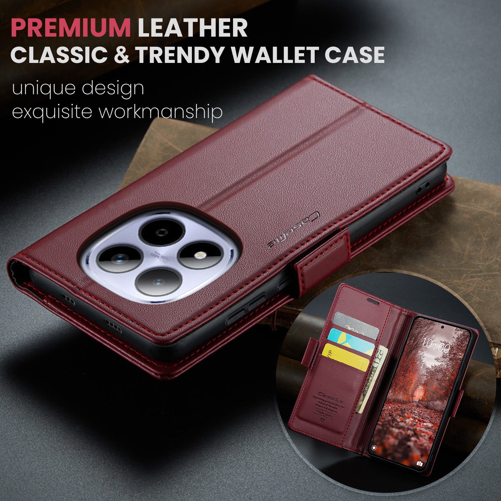 For Xiaomi Redmi Note 15 Pro 5G (Global) Case CASEME 023 Series RFID Blocking Wallet Stand Glossy Litchi Texture Leather Phone Cover - Red