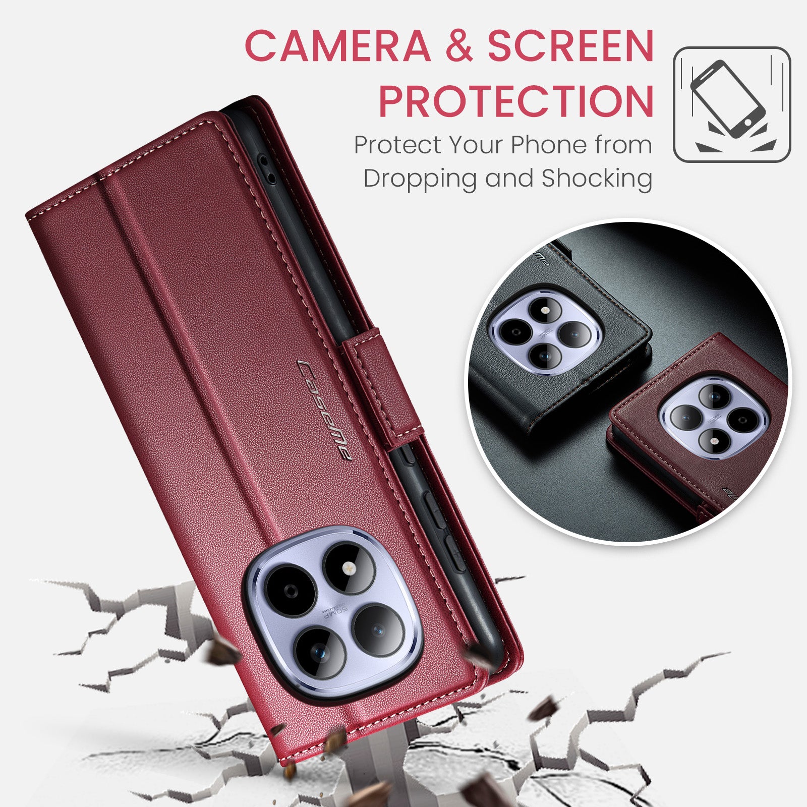 For Xiaomi Redmi Note 15 Pro 5G (Global) Case CASEME 023 Series RFID Blocking Wallet Stand Glossy Litchi Texture Leather Phone Cover - Red
