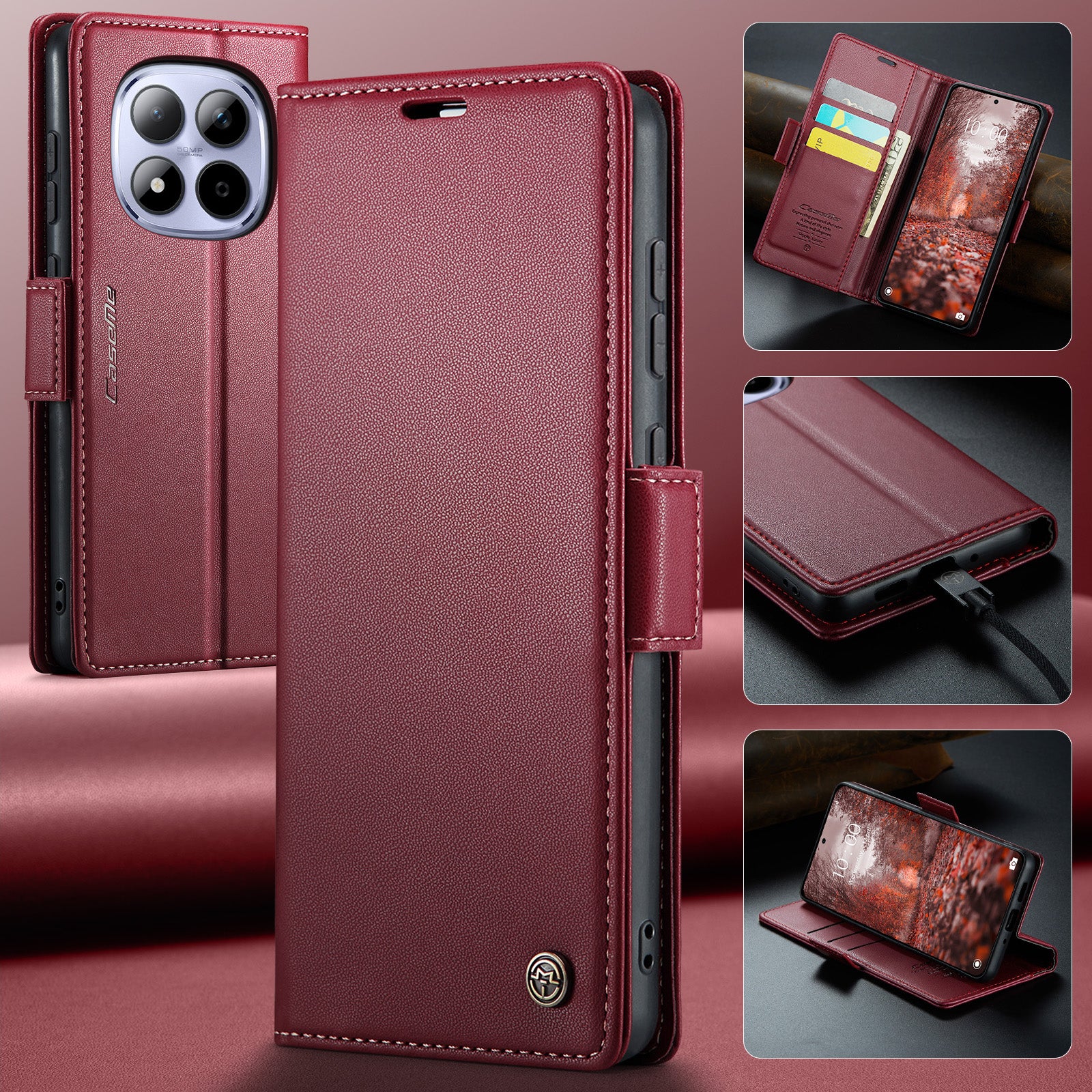For Xiaomi Redmi Note 15 Pro 5G (Global) Case CASEME 023 Series RFID Blocking Wallet Stand Glossy Litchi Texture Leather Phone Cover - Red