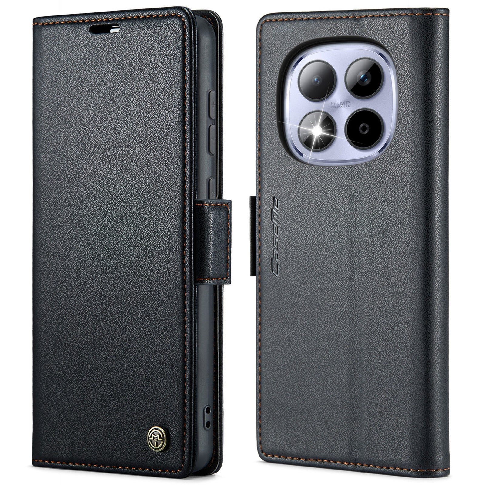 For Xiaomi Redmi Note 15 Pro 5G (Global) Case CASEME 023 Series RFID Blocking Wallet Stand Glossy Litchi Texture Leather Phone Cover - Black