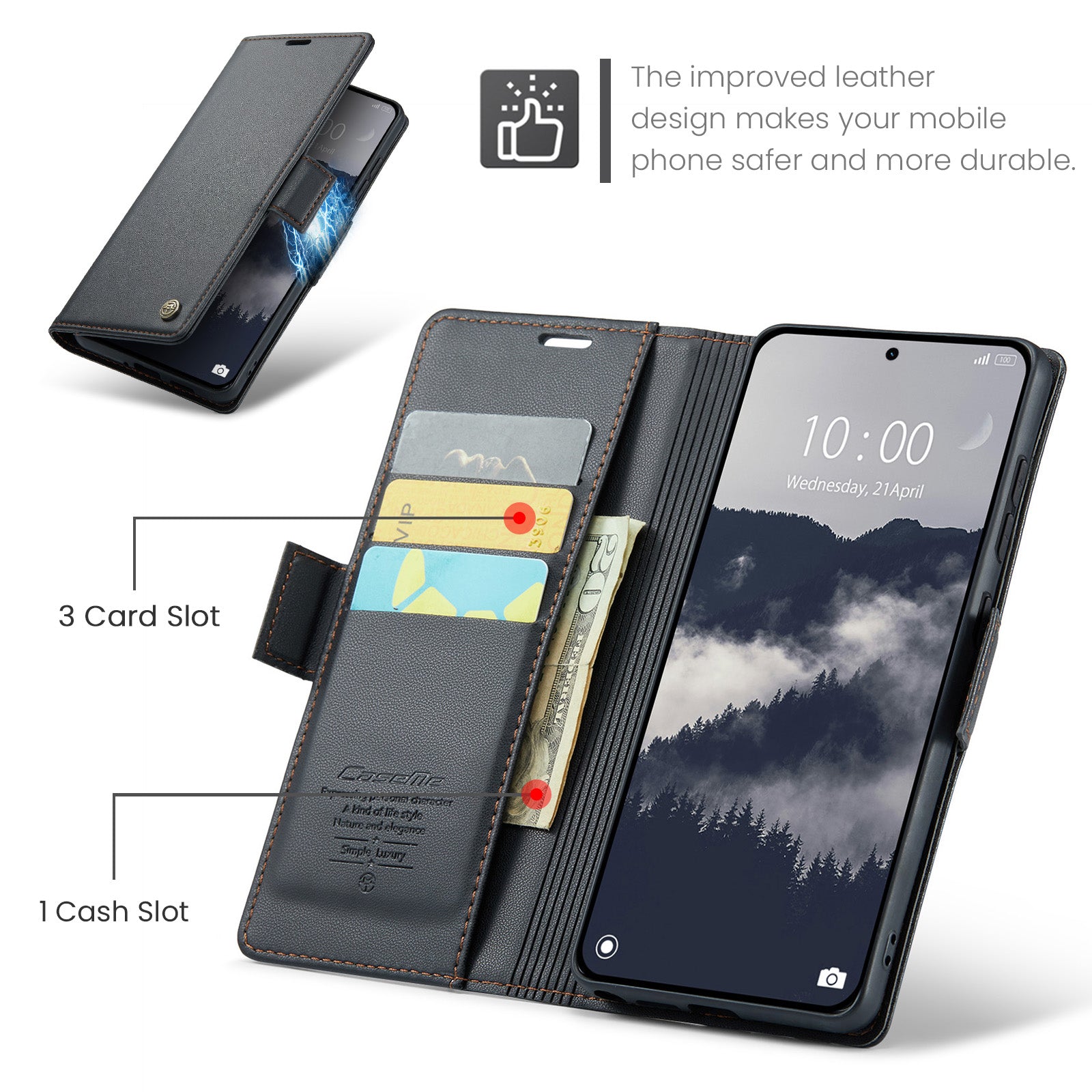 For Xiaomi Redmi Note 15 Pro 5G (Global) Case CASEME 023 Series RFID Blocking Wallet Stand Glossy Litchi Texture Leather Phone Cover - Black