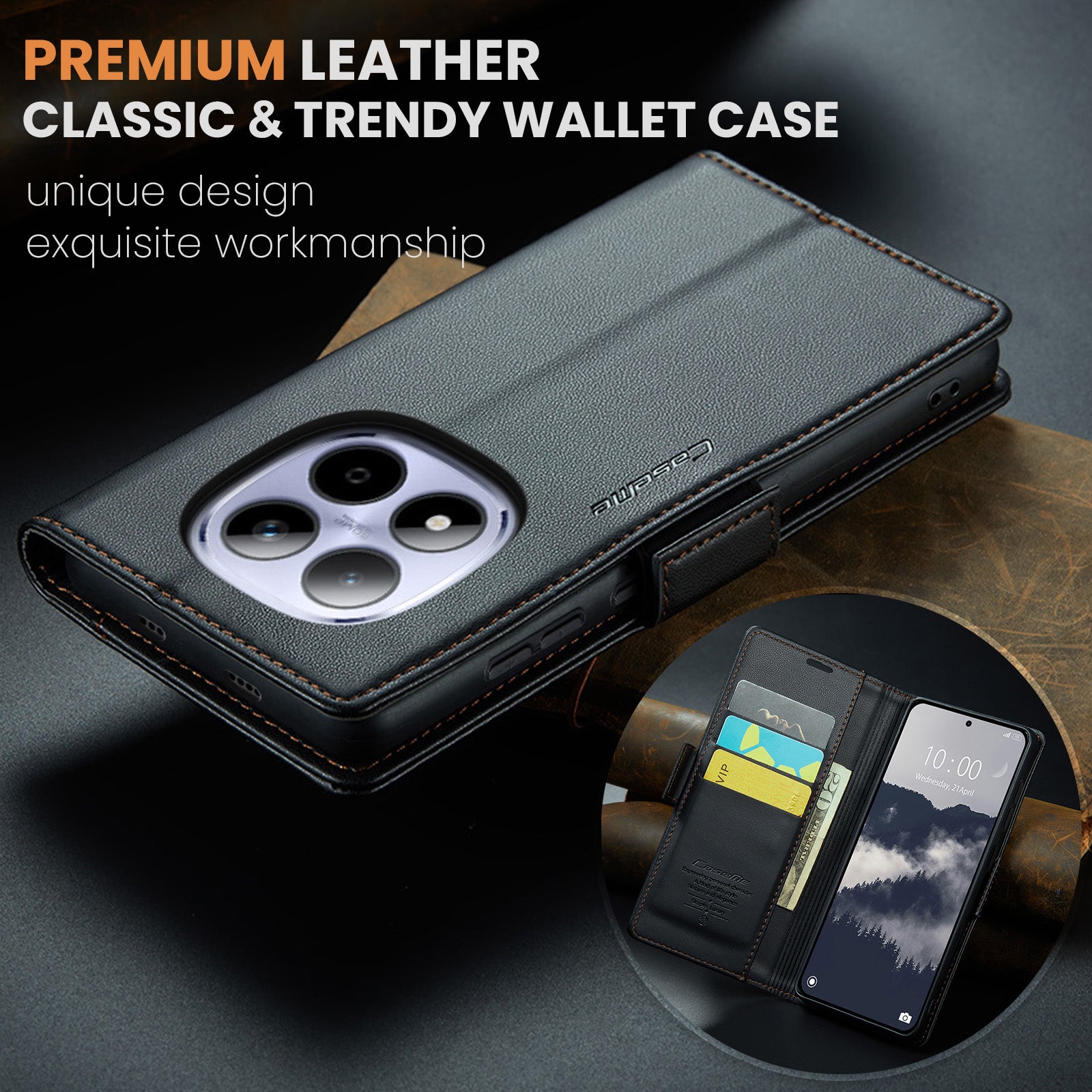 For Xiaomi Redmi Note 15 Pro 5G (Global) Case CASEME 023 Series RFID Blocking Wallet Stand Glossy Litchi Texture Leather Phone Cover - Black