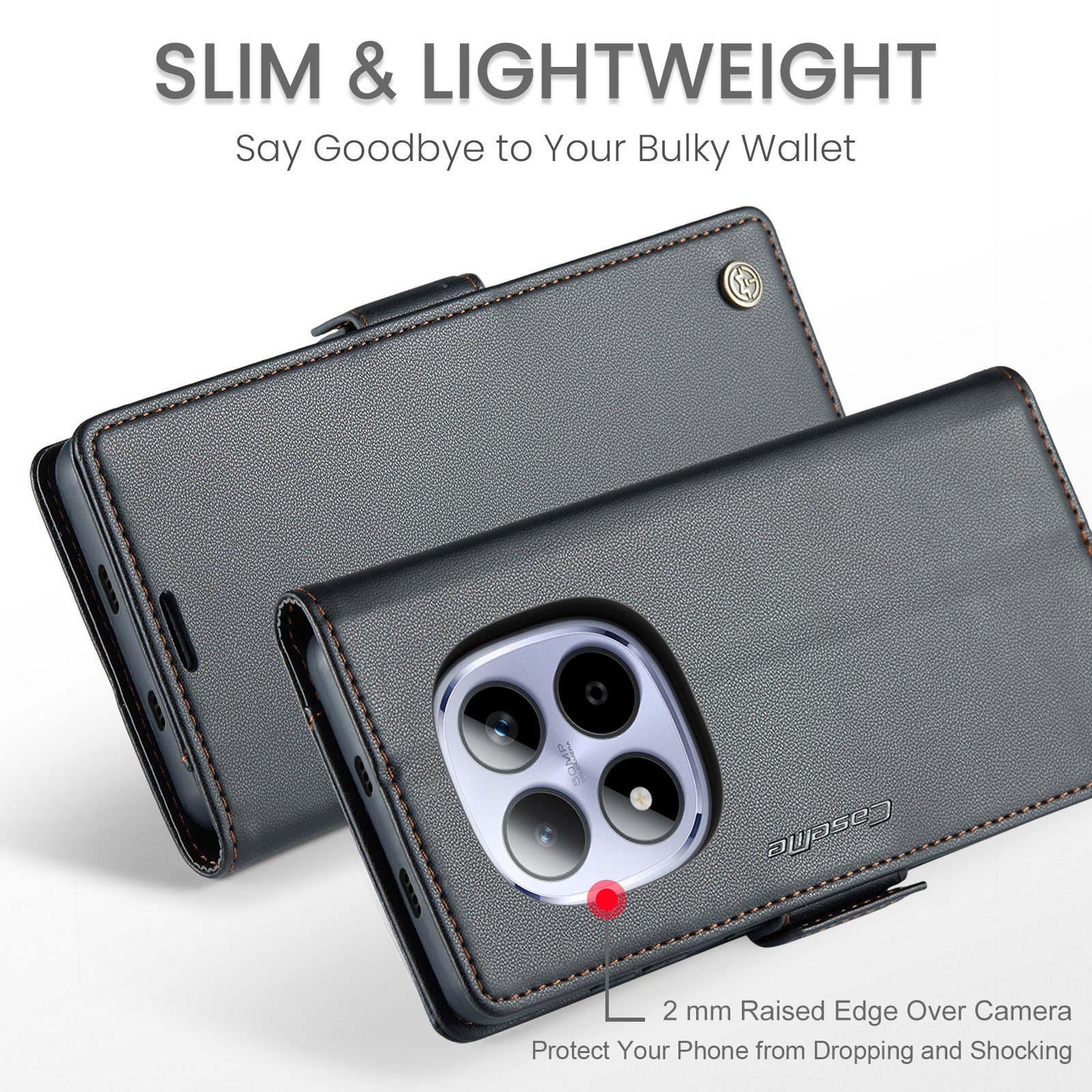 For Xiaomi Redmi Note 15 Pro 5G (Global) Case CASEME 023 Series RFID Blocking Wallet Stand Glossy Litchi Texture Leather Phone Cover - Black