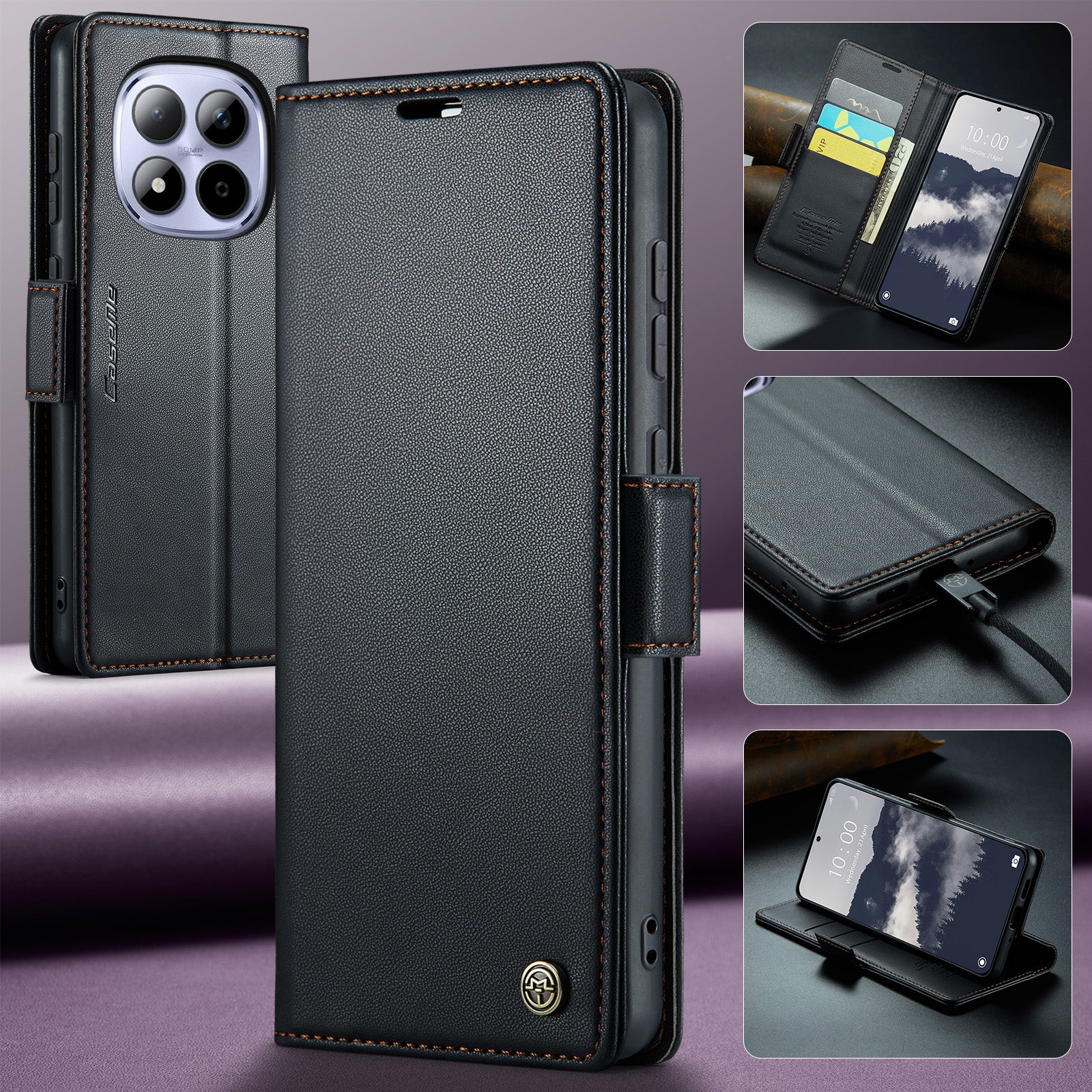 For Xiaomi Redmi Note 15 Pro 5G (Global) Case CASEME 023 Series RFID Blocking Wallet Stand Glossy Litchi Texture Leather Phone Cover - Black