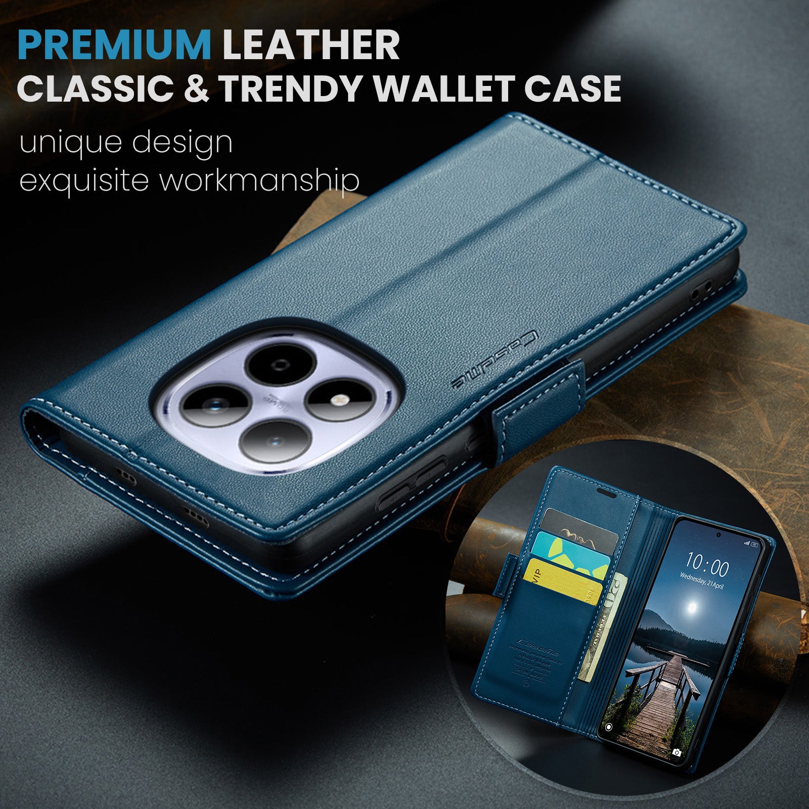 For Xiaomi Redmi Note 15 Pro 5G (Global) Case CASEME 023 Series RFID Blocking Wallet Stand Glossy Litchi Texture Leather Phone Cover - Blue