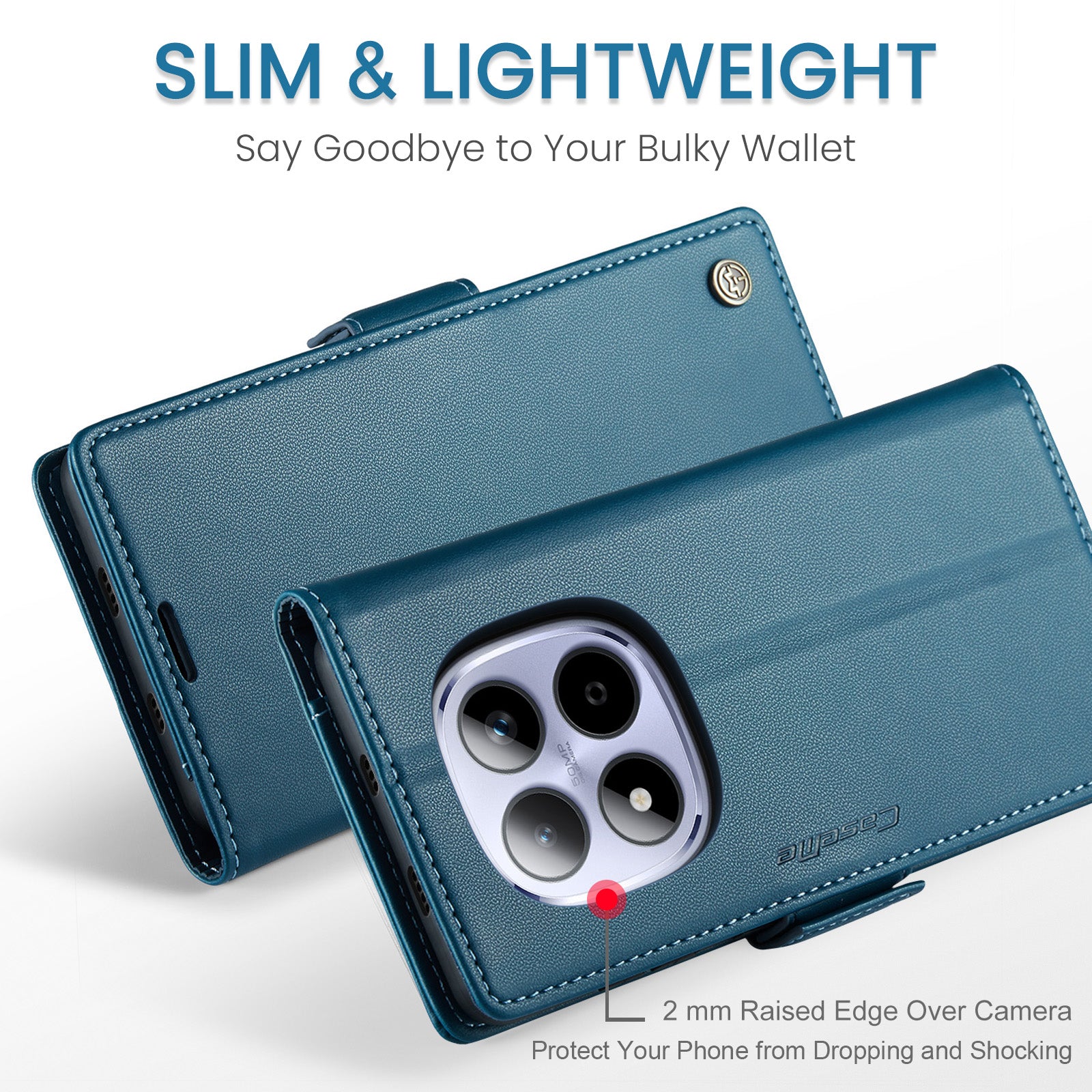 For Xiaomi Redmi Note 15 Pro 5G (Global) Case CASEME 023 Series RFID Blocking Wallet Stand Glossy Litchi Texture Leather Phone Cover - Blue
