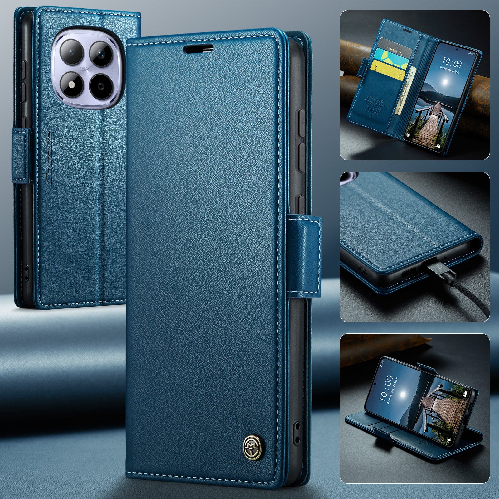 For Xiaomi Redmi Note 15 Pro 5G (Global) Case CASEME 023 Series RFID Blocking Wallet Stand Glossy Litchi Texture Leather Phone Cover - Blue
