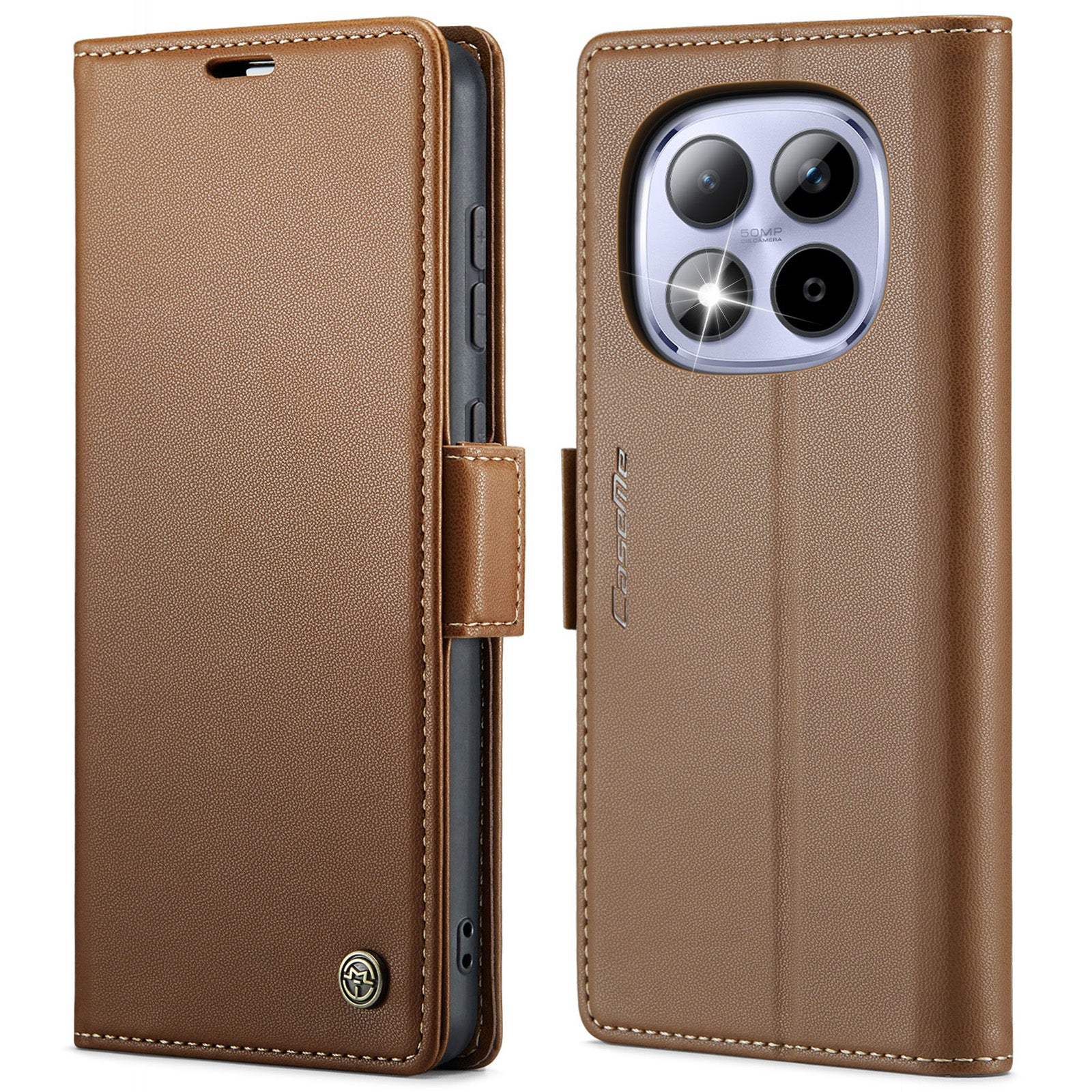 For Xiaomi Redmi Note 15 Pro 5G (Global) Case CASEME 023 Series RFID Blocking Wallet Stand Glossy Litchi Texture Leather Phone Cover - Brown