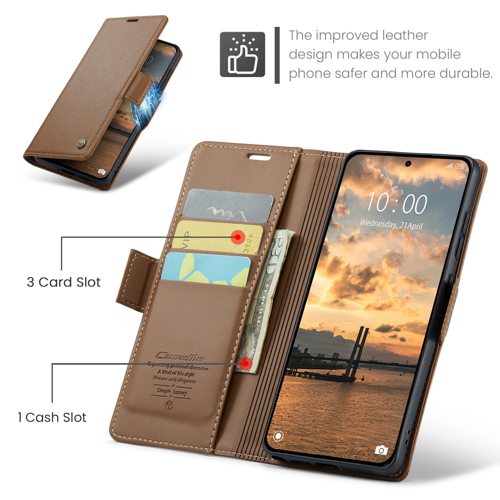 For Xiaomi Redmi Note 15 Pro 5G (Global) Case CASEME 023 Series RFID Blocking Wallet Stand Glossy Litchi Texture Leather Phone Cover - Brown