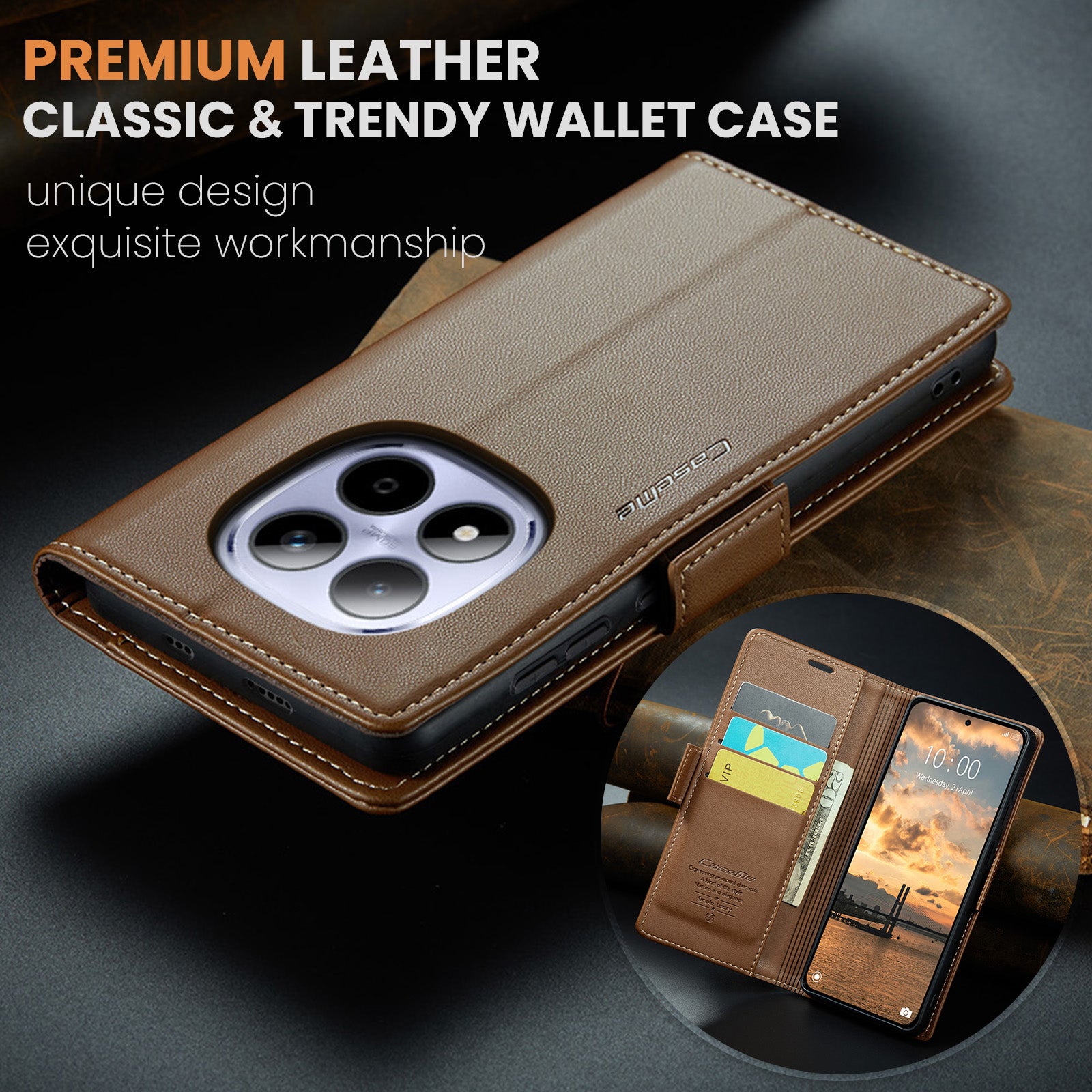 For Xiaomi Redmi Note 15 Pro 5G (Global) Case CASEME 023 Series RFID Blocking Wallet Stand Glossy Litchi Texture Leather Phone Cover - Brown