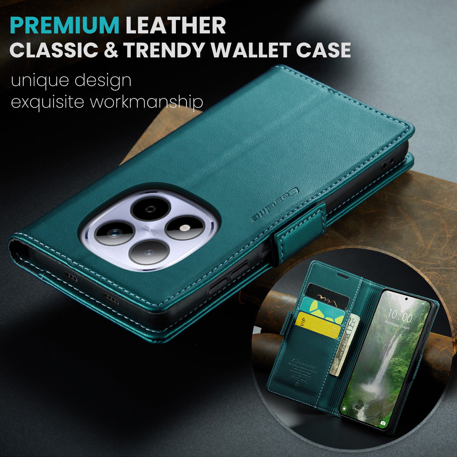 For Xiaomi Redmi Note 15 Pro 5G (Global) Case CASEME 023 Series RFID Blocking Wallet Stand Glossy Litchi Texture Leather Phone Cover - Green