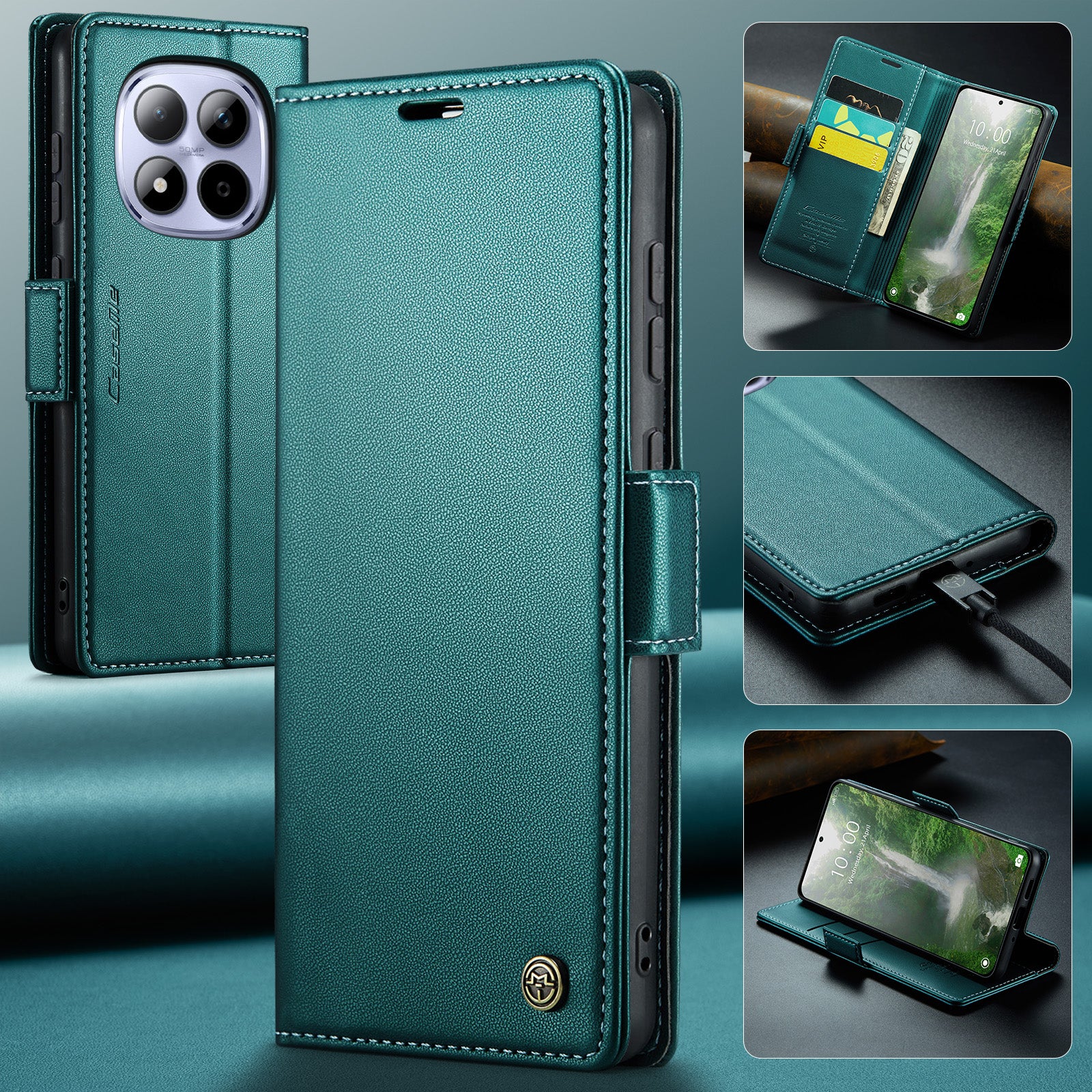 For Xiaomi Redmi Note 15 Pro 5G (Global) Case CASEME 023 Series RFID Blocking Wallet Stand Glossy Litchi Texture Leather Phone Cover - Green