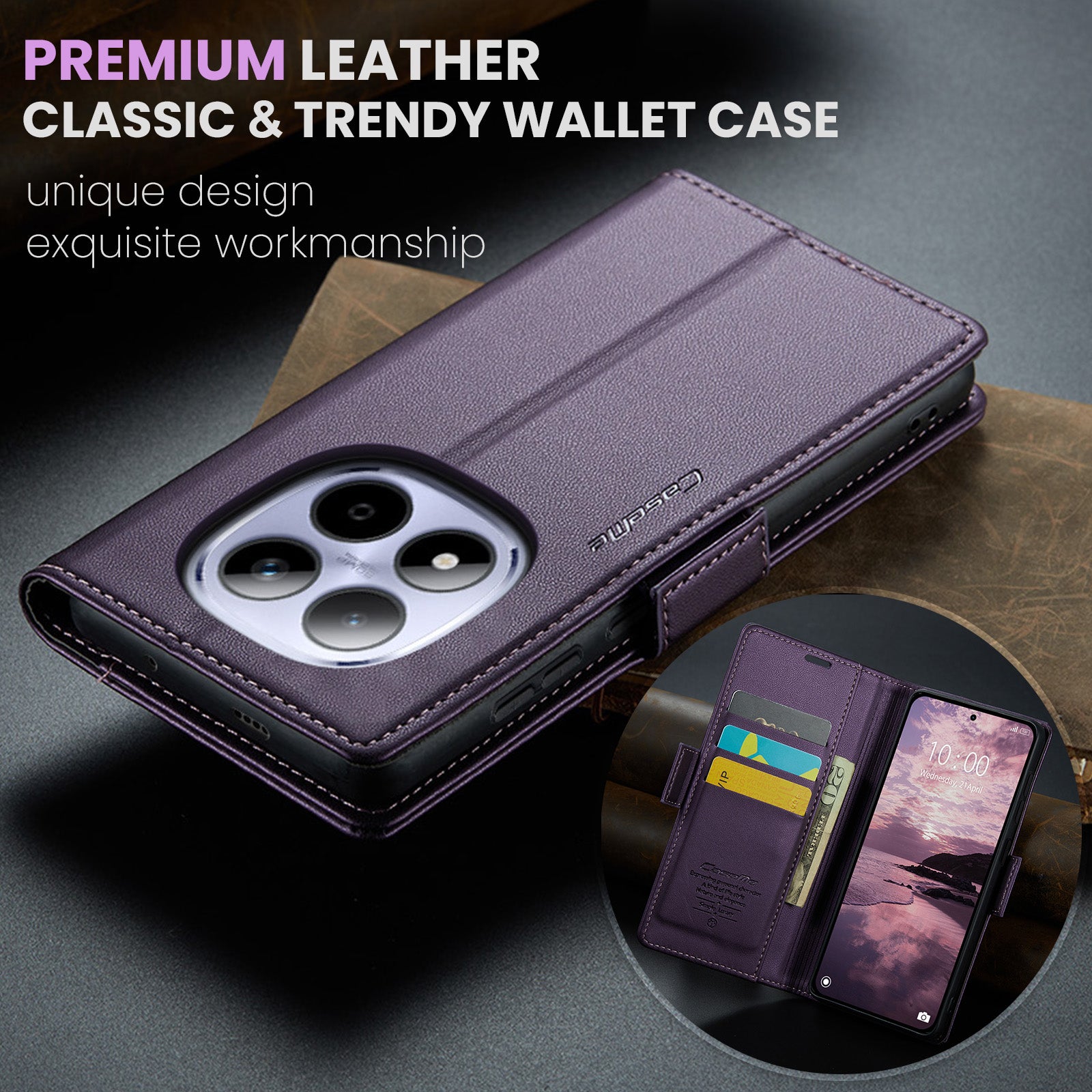 For Xiaomi Redmi Note 15 Pro 5G (Global) Case CASEME 023 Series RFID Blocking Wallet Stand Glossy Litchi Texture Leather Phone Cover - Purple