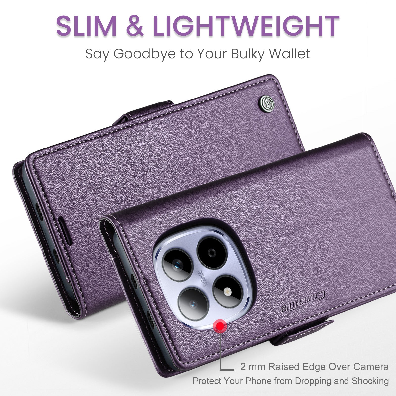 For Xiaomi Redmi Note 15 Pro 5G (Global) Case CASEME 023 Series RFID Blocking Wallet Stand Glossy Litchi Texture Leather Phone Cover - Purple