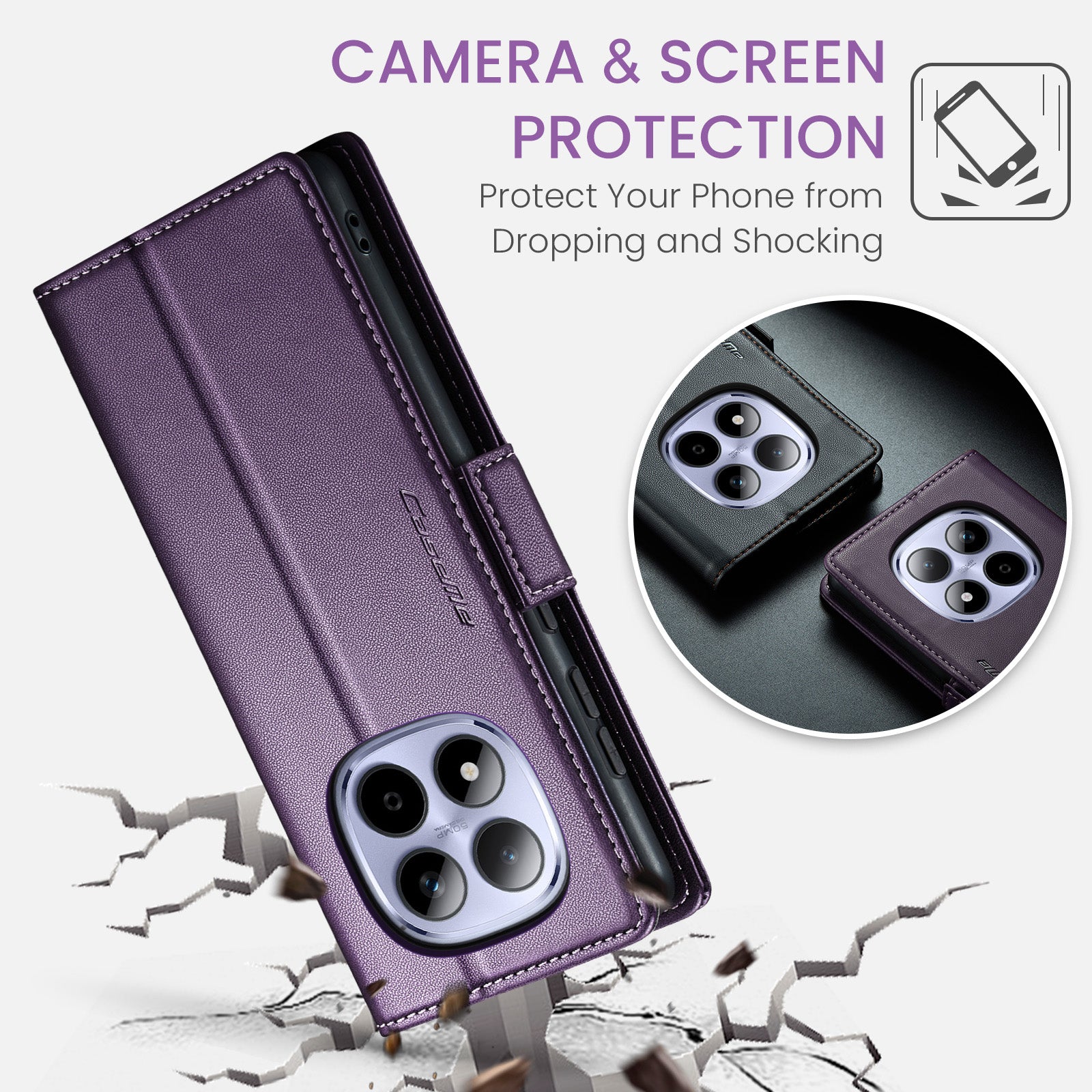 For Xiaomi Redmi Note 15 Pro 5G (Global) Case CASEME 023 Series RFID Blocking Wallet Stand Glossy Litchi Texture Leather Phone Cover - Purple
