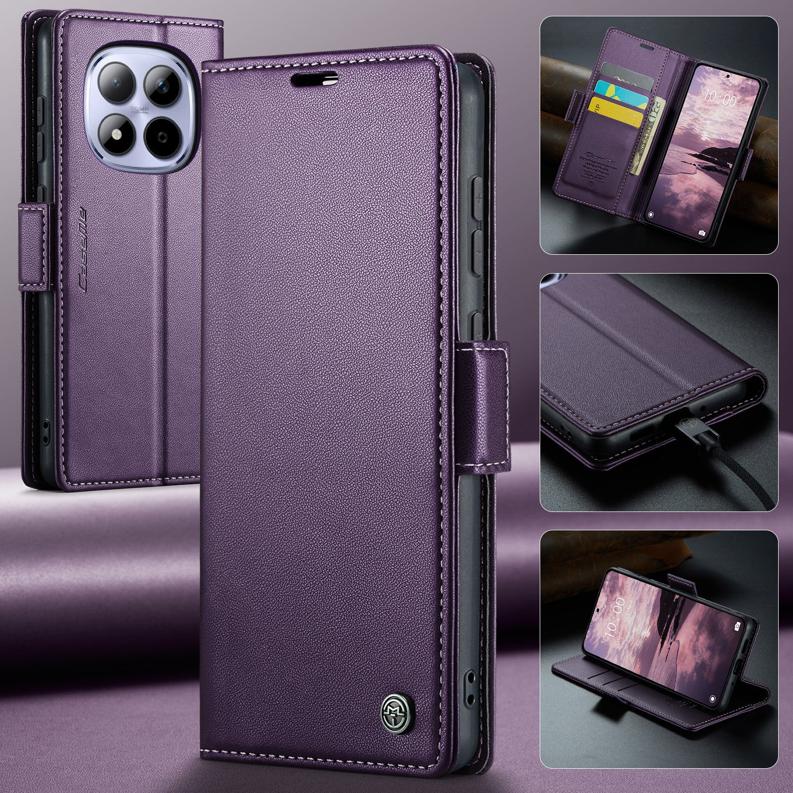 For Xiaomi Redmi Note 15 Pro 5G (Global) Case CASEME 023 Series RFID Blocking Wallet Stand Glossy Litchi Texture Leather Phone Cover - Purple