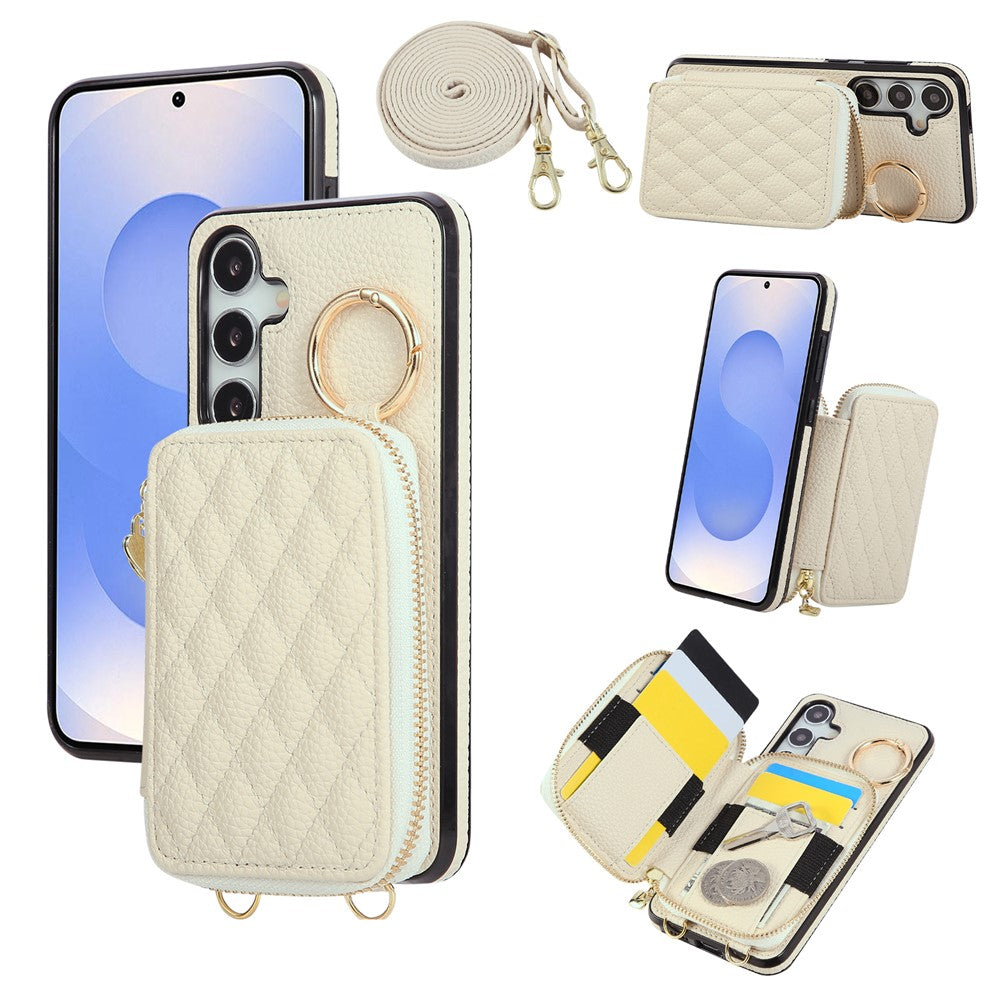 For Samsung Galaxy A57 5G Case Zipper Card Holder PU Leather Phone Back Cover with Shoulder Strap - Beige