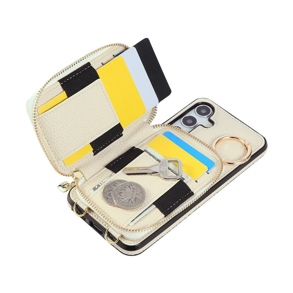 For Samsung Galaxy A57 5G Case Zipper Card Holder PU Leather Phone Back Cover with Shoulder Strap - Beige