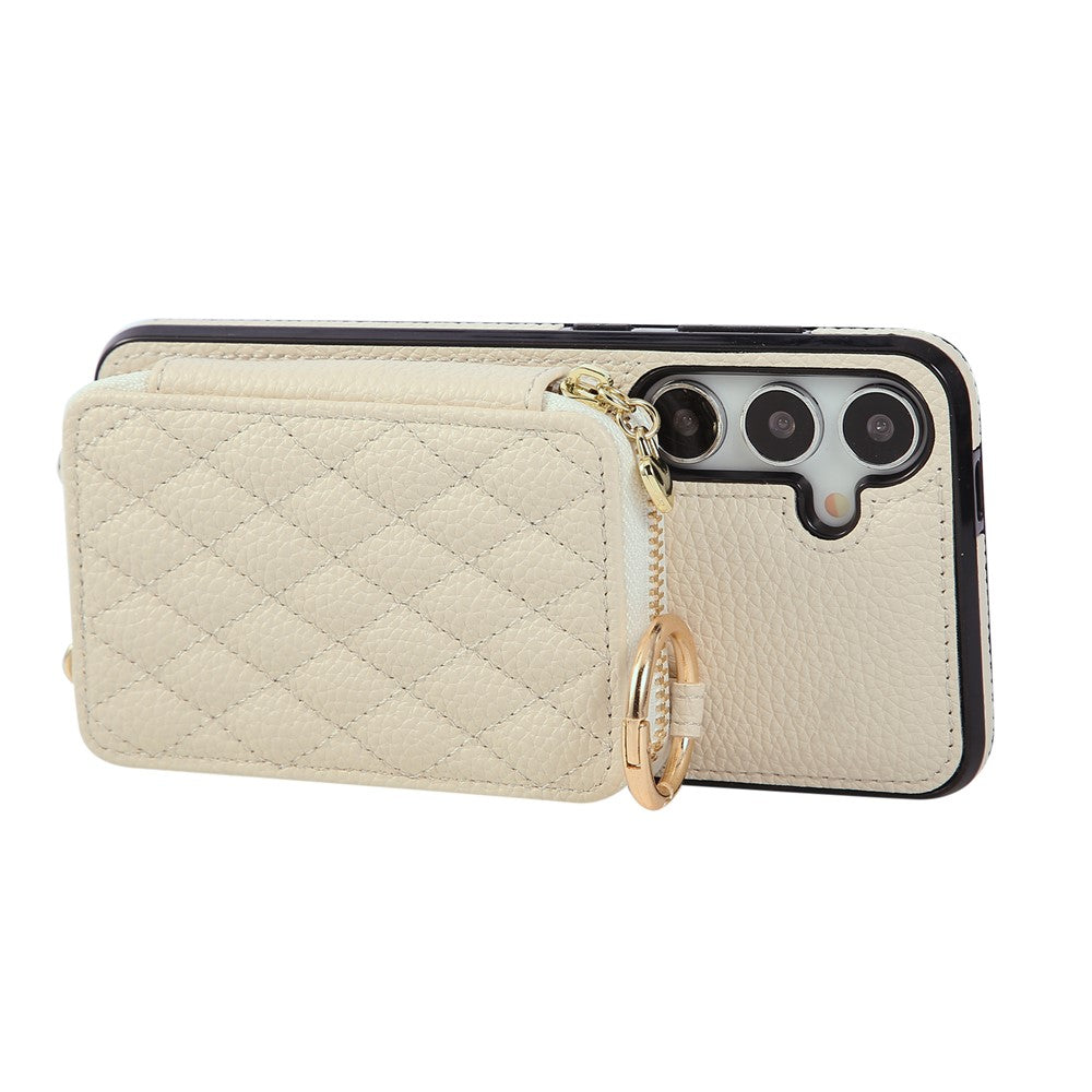 For Samsung Galaxy A57 5G Case Zipper Card Holder PU Leather Phone Back Cover with Shoulder Strap - Beige