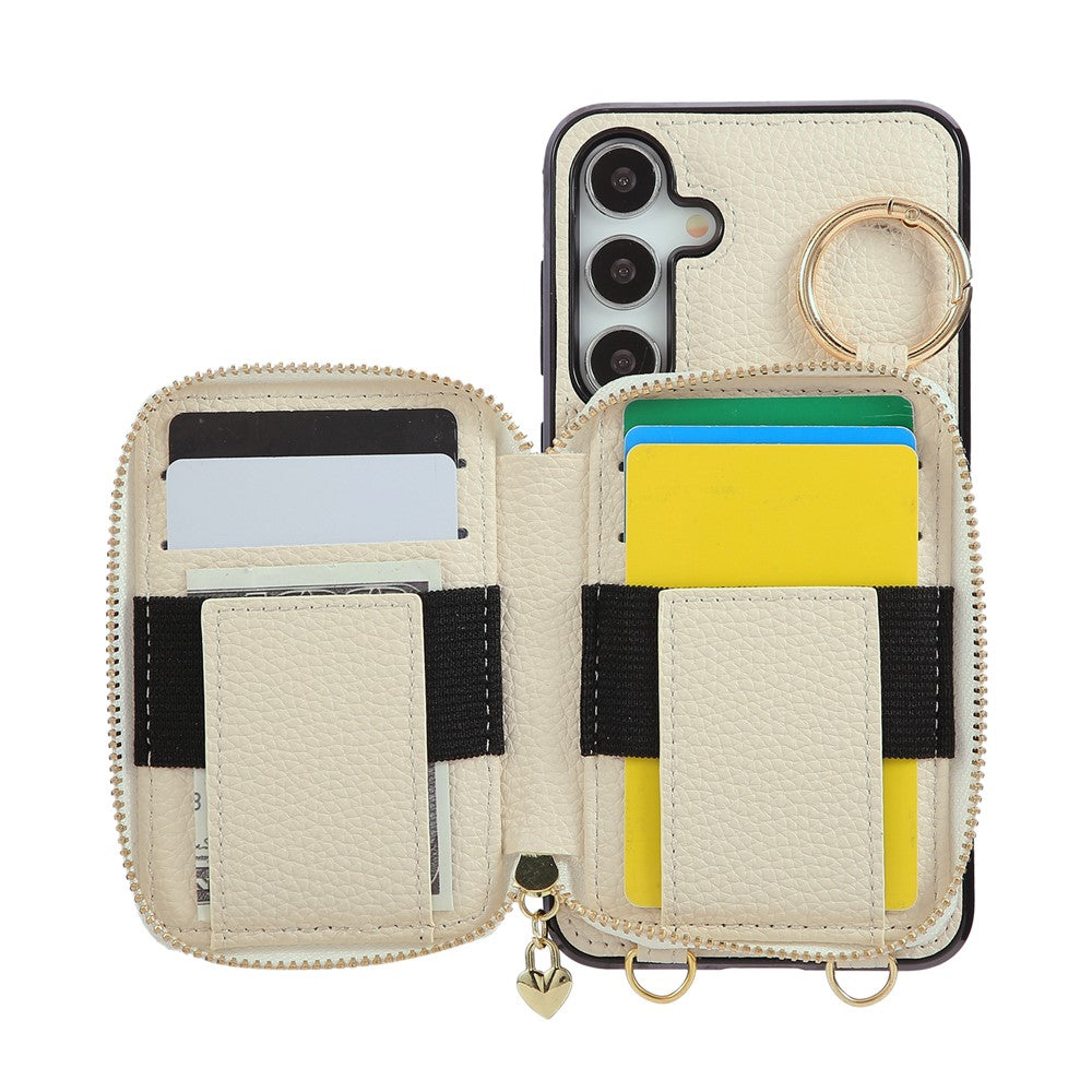 For Samsung Galaxy A57 5G Case Zipper Card Holder PU Leather Phone Back Cover with Shoulder Strap - Beige