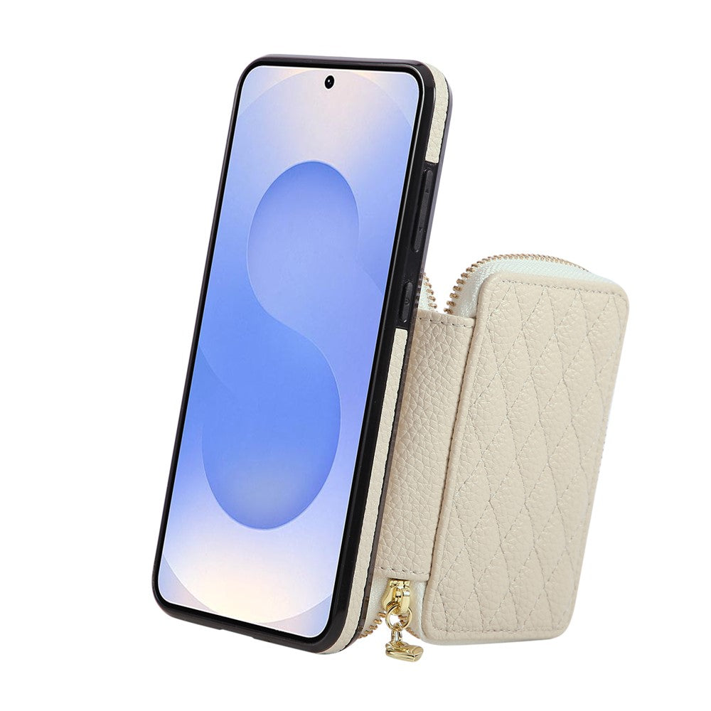 For Samsung Galaxy A57 5G Case Zipper Card Holder PU Leather Phone Back Cover with Shoulder Strap - Beige