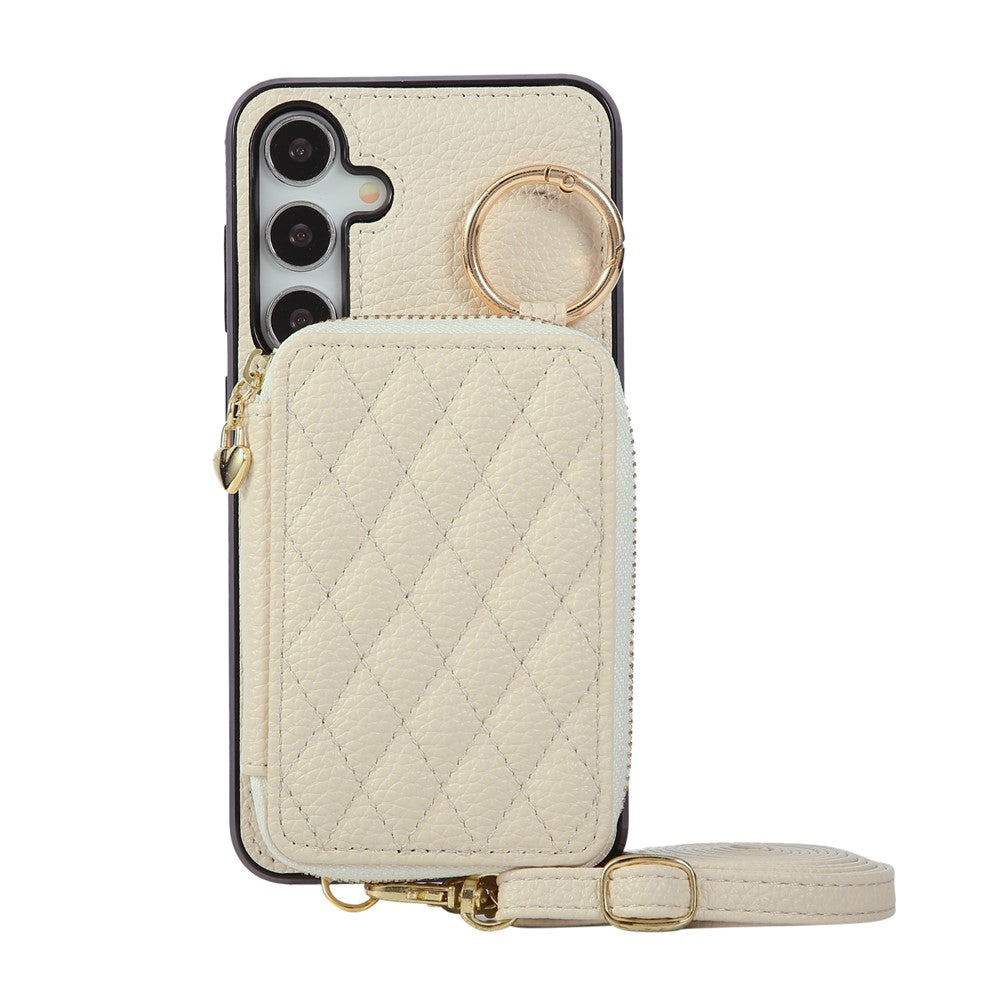 For Samsung Galaxy A57 5G Case Zipper Card Holder PU Leather Phone Back Cover with Shoulder Strap - Beige