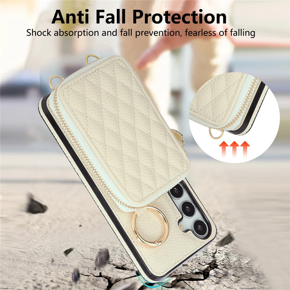 For Samsung Galaxy A57 5G Case Zipper Card Holder PU Leather Phone Back Cover with Shoulder Strap - Beige