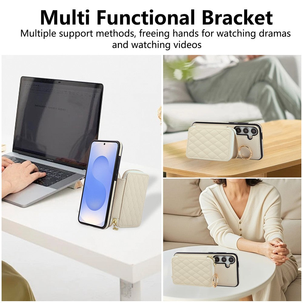 For Samsung Galaxy A57 5G Case Zipper Card Holder PU Leather Phone Back Cover with Shoulder Strap - Beige