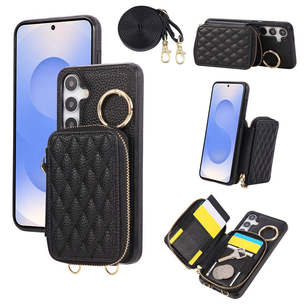 For Samsung Galaxy A57 5G Case Zipper Card Holder PU Leather Phone Back Cover with Shoulder Strap - Black