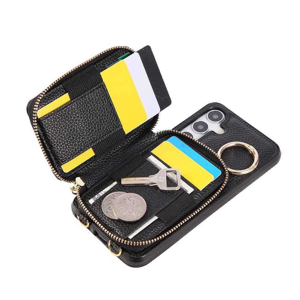 For Samsung Galaxy A57 5G Case Zipper Card Holder PU Leather Phone Back Cover with Shoulder Strap - Black