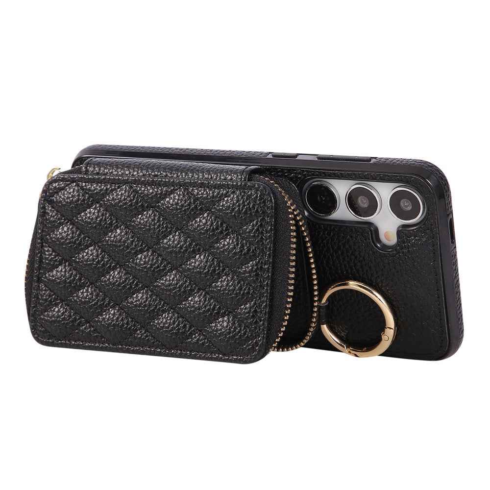 For Samsung Galaxy A57 5G Case Zipper Card Holder PU Leather Phone Back Cover with Shoulder Strap - Black
