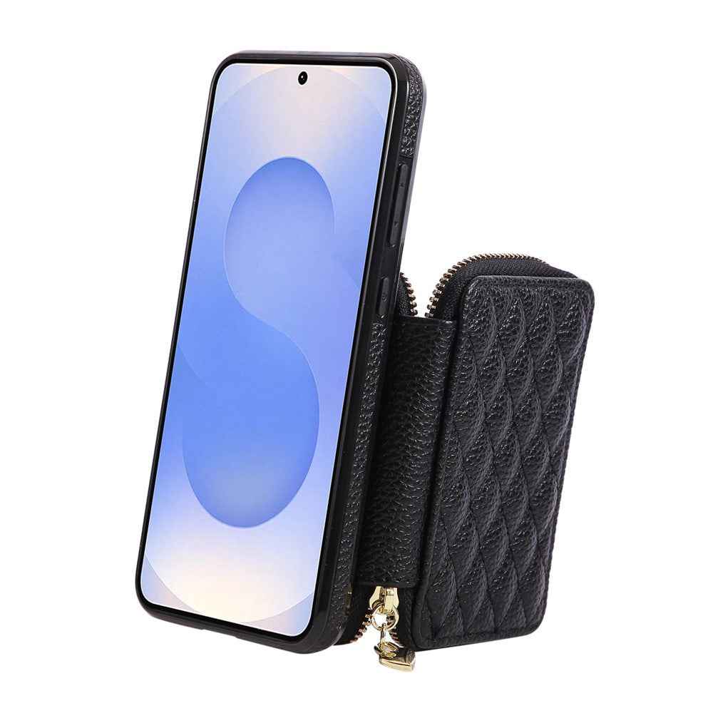 For Samsung Galaxy A57 5G Case Zipper Card Holder PU Leather Phone Back Cover with Shoulder Strap - Black