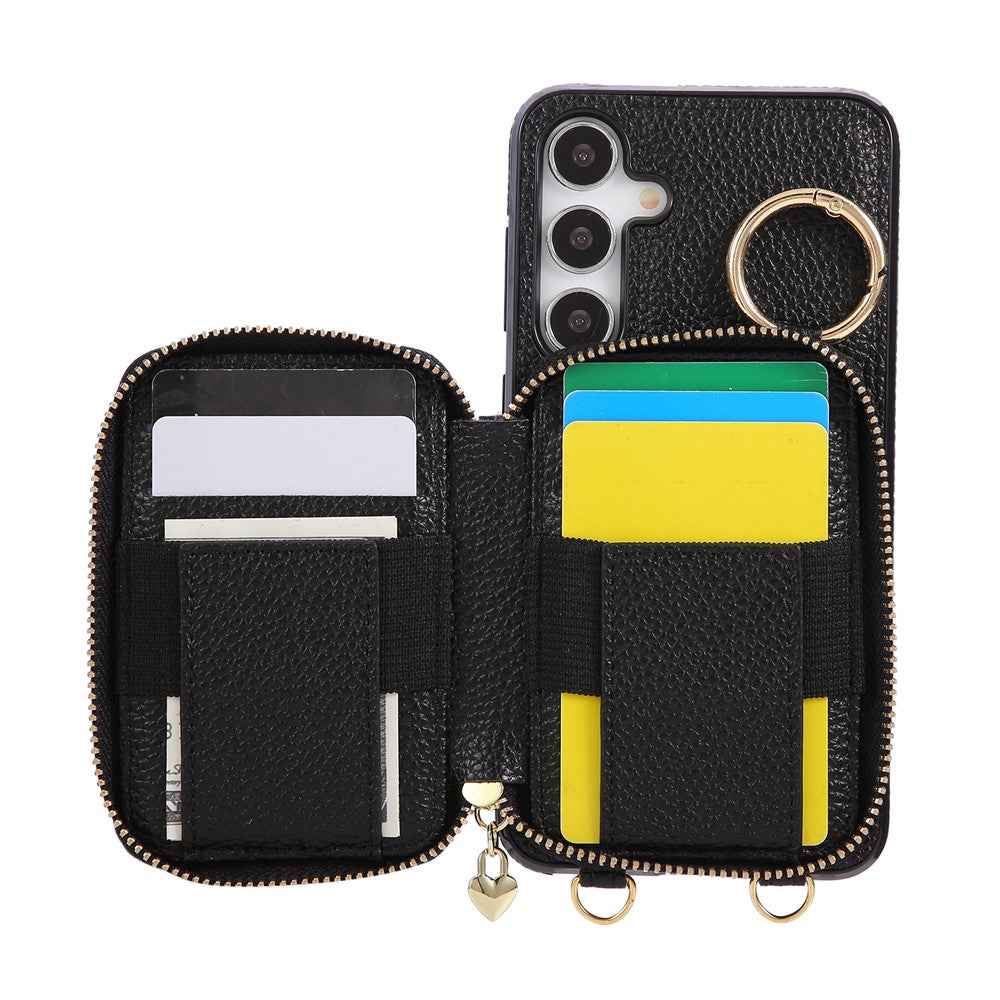 For Samsung Galaxy A57 5G Case Zipper Card Holder PU Leather Phone Back Cover with Shoulder Strap - Black
