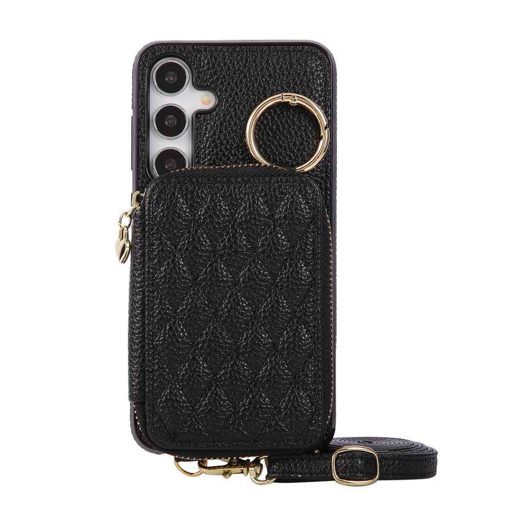 For Samsung Galaxy A57 5G Case Zipper Card Holder PU Leather Phone Back Cover with Shoulder Strap - Black