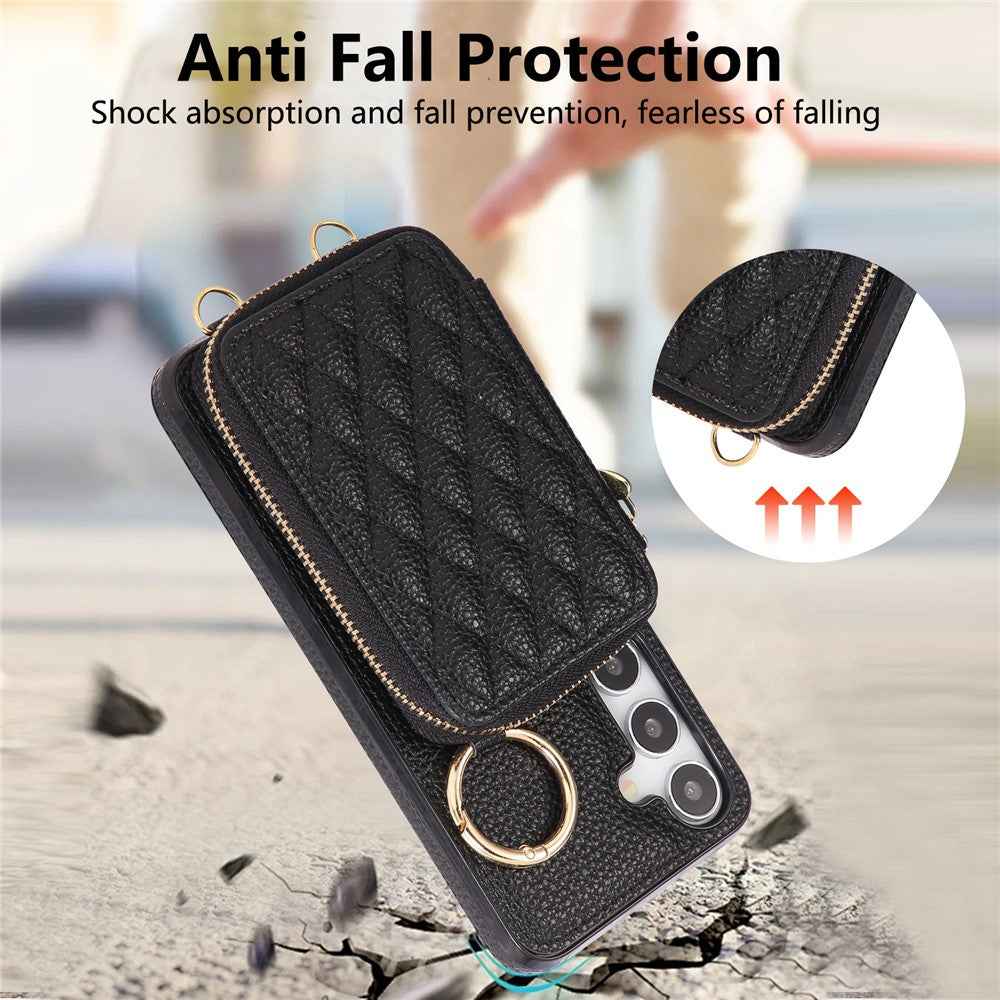 For Samsung Galaxy A57 5G Case Zipper Card Holder PU Leather Phone Back Cover with Shoulder Strap - Black