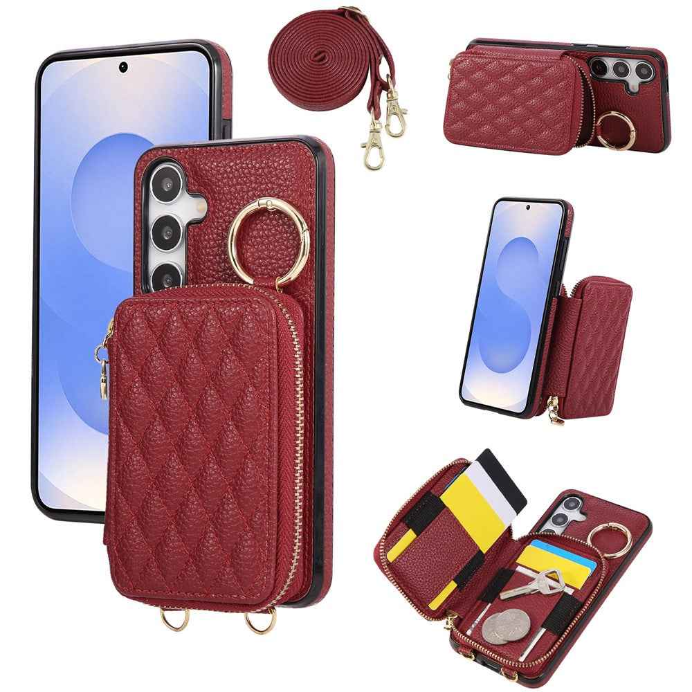 For Samsung Galaxy A57 5G Case Zipper Card Holder PU Leather Phone Back Cover with Shoulder Strap - Red
