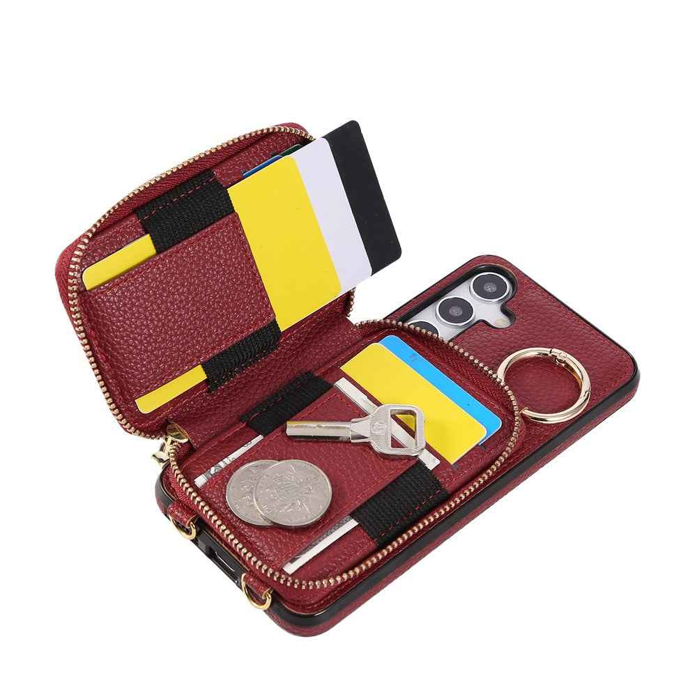 For Samsung Galaxy A57 5G Case Zipper Card Holder PU Leather Phone Back Cover with Shoulder Strap - Red