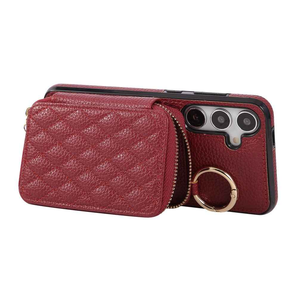 For Samsung Galaxy A57 5G Case Zipper Card Holder PU Leather Phone Back Cover with Shoulder Strap - Red